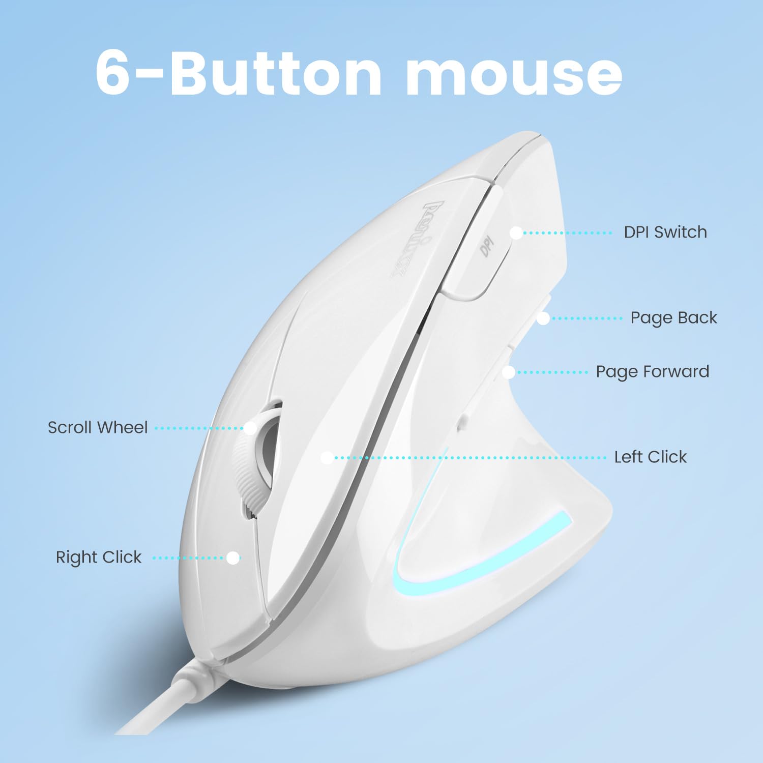 Perixx Perimice 513W Wired Ergonomic Usb Mouse   6 Buttons With 1000/1600 Dpi   Vertical Right Handed Design   White