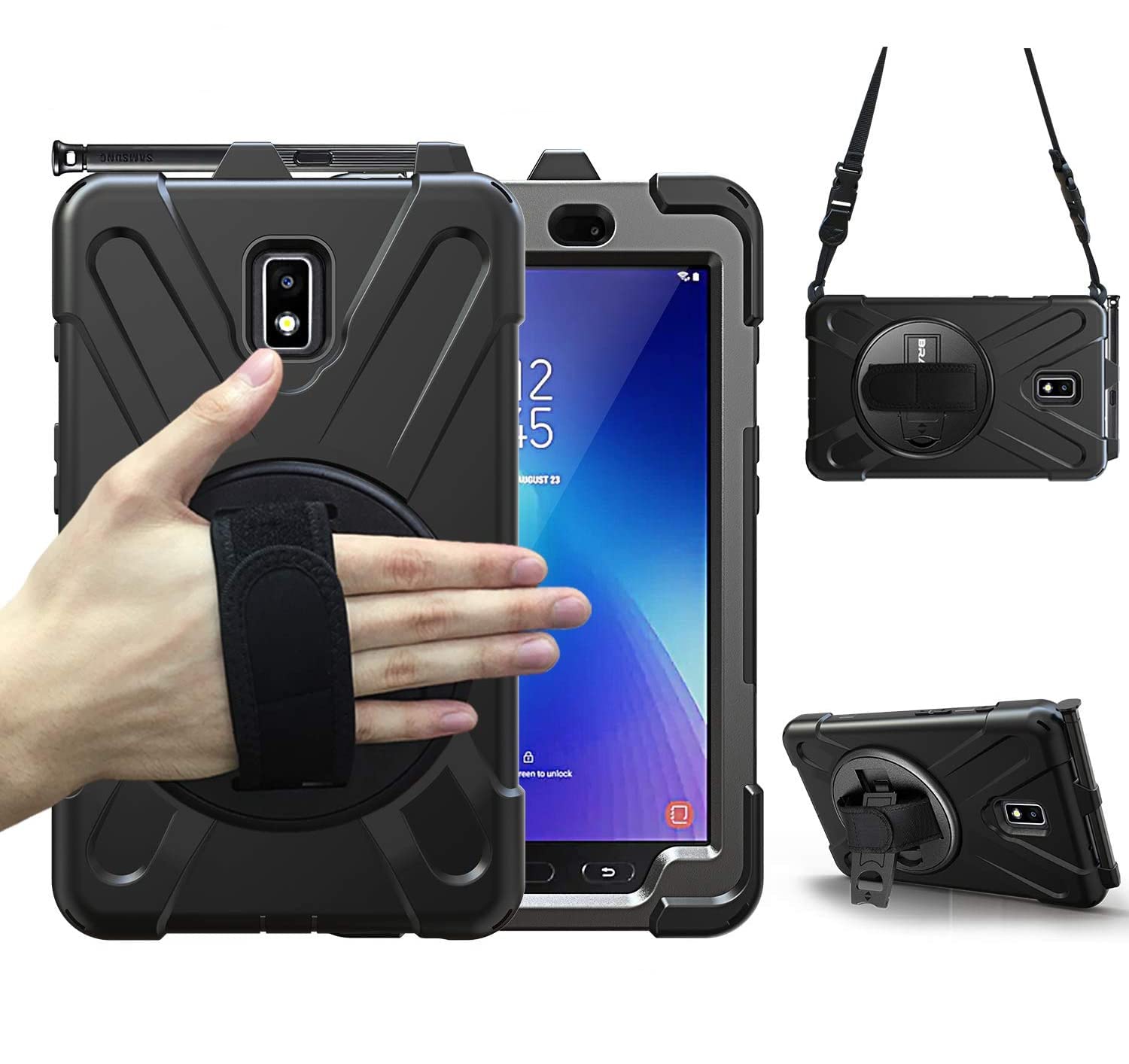 BRAECN for Galaxy Tab Active 2 Case,Heavy Duty Shockproof Case with 360 Degree Rotating Handle Hand Strap/Kickstand and Carrying