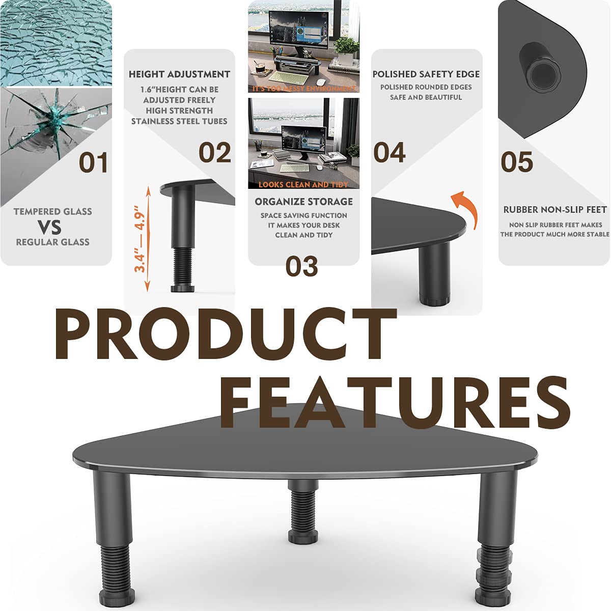 Tempered Glass Computer Monitor Riser/Triangle Save Space Desktop Corner Stand For Computer Monitor & Laptop Black Hd01B 003