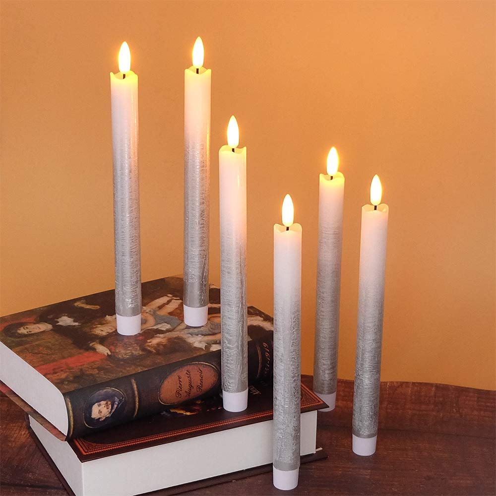 Wondise Flickering Flameless Taper Candles With Remote And Timer, 9 Inch Battery Operated Silver Real Wax 3D Flame Window Candle