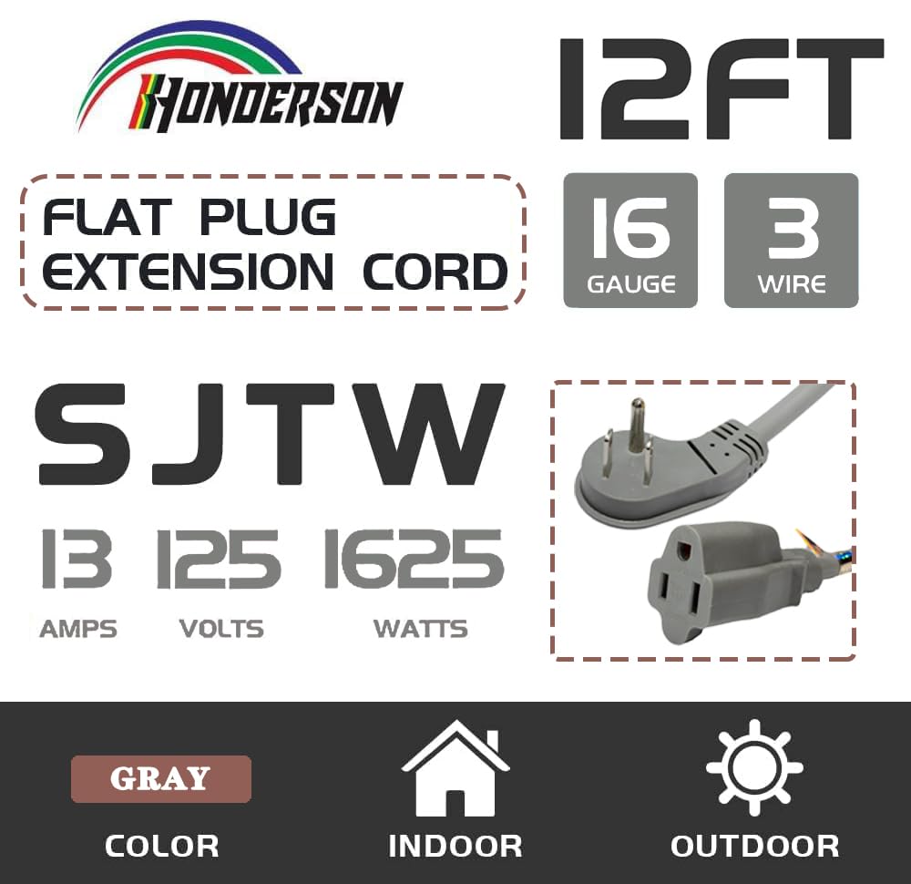 Honderson Flat Plug Indoor Extension Cord, Ul Listed, 16 Gauge 12Ft Grey 3 Prong Heavy Duty Extension Cord, 16/3 Sjtw 13A Power