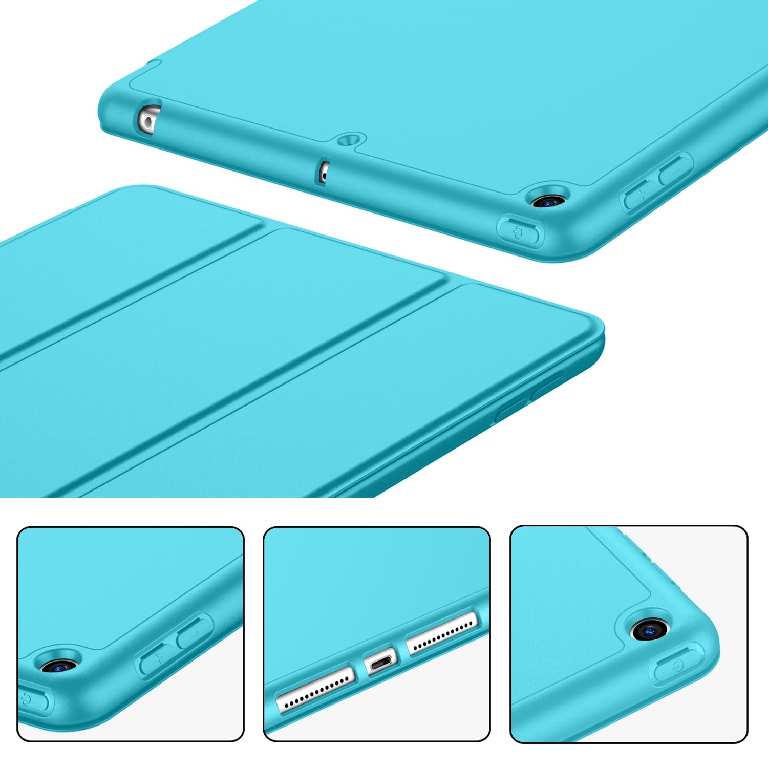 Imieet Ipad 9Th Generation Case 2021/Ipad 8Th Generation Case 2020 10.2 Inch With Pencil Holder, Ipad 7Th Gen 2019 Case With Soft Baby Skin Silicone Back, Auto Wake/Sleep Cover (Cyan)