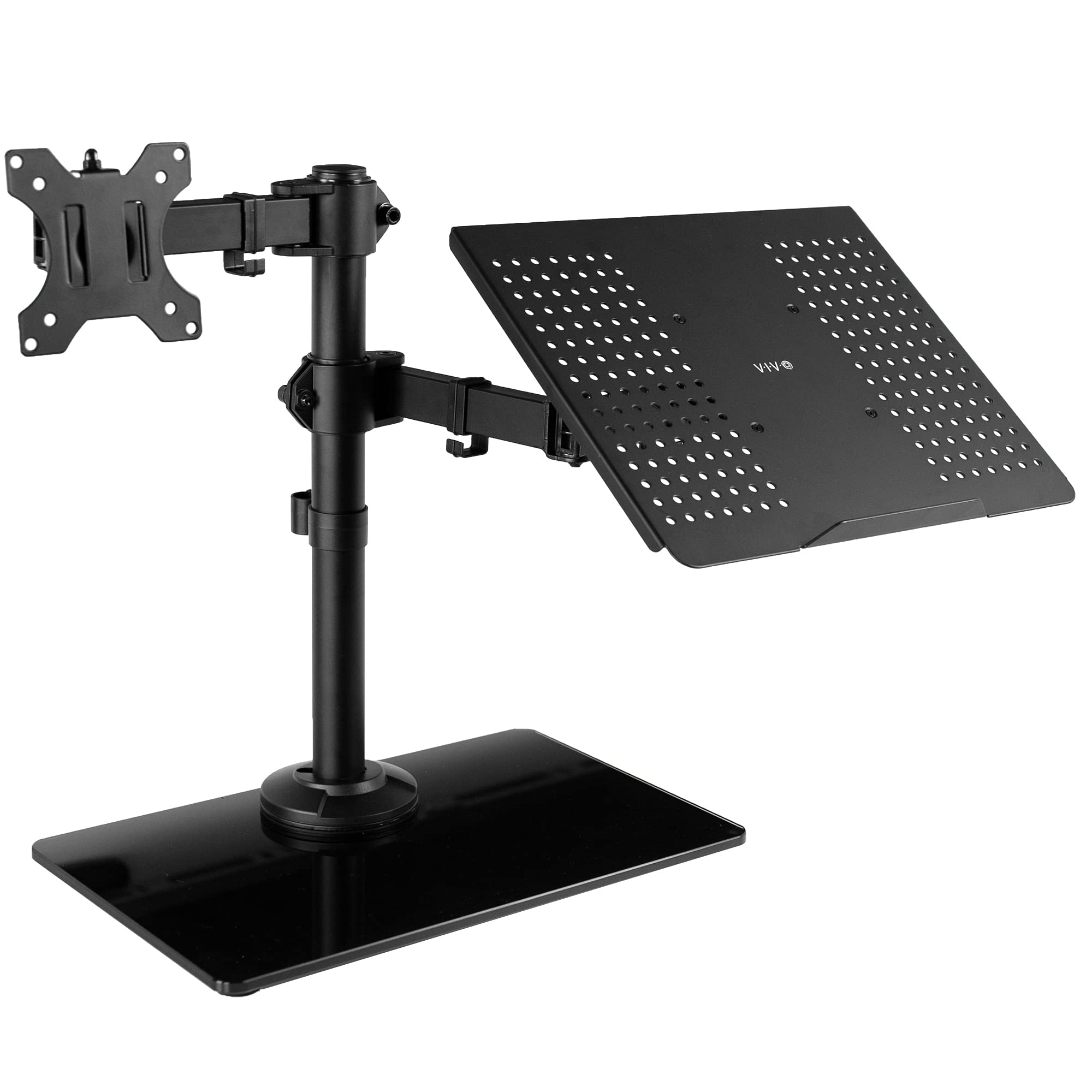 VIVO Free Standing Single Computer Monitor and Laptop Combo Desk Stand with Sleek Glass Base, Fits up to 32 inch Monitors and 17 inch Laptops, Black, STAND V002FGL