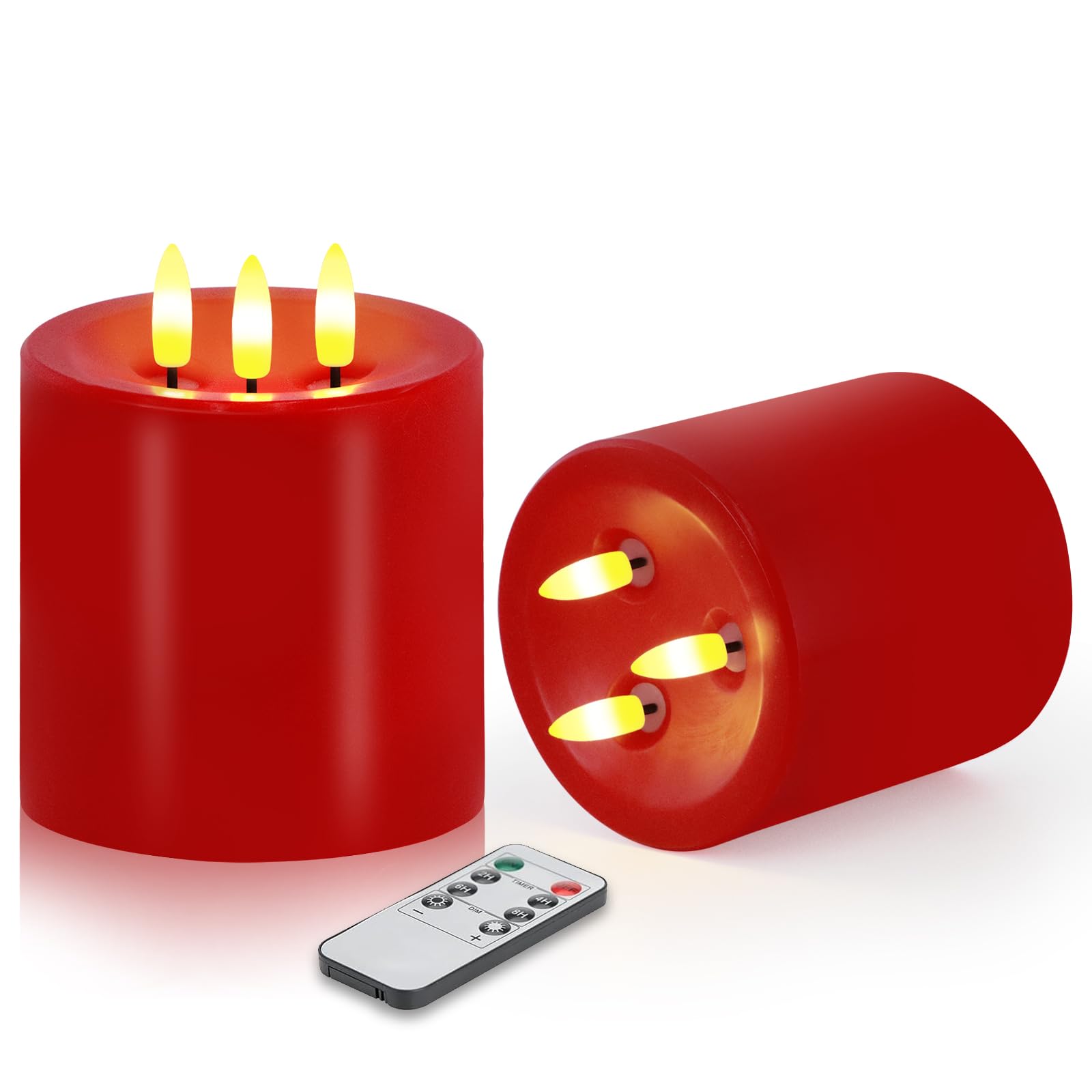 VEEKI Large 3 Wick Flameless Candles Set of 2, 4x4 Flickering Flameless Candles with Remote & Timer, Dimmable Real Wax LED Candl