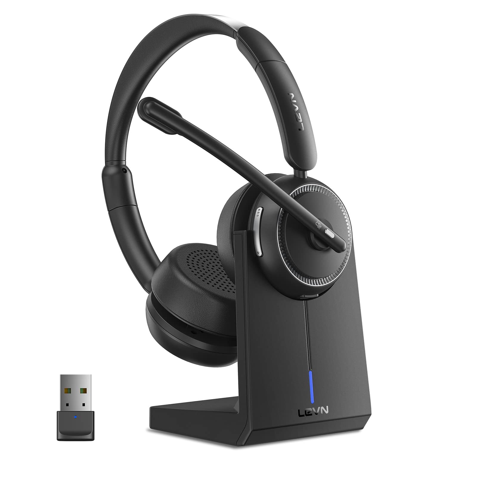 Levn Wireless Headset With Mic For Work, Bluetooth Headset With Microphone (Noise Cancelling), 65 Hrs Working Time 2.4G Wireless Headphones With Mic For Work/Call Center/Pc/Computer/Laptop/Teams/Zoom