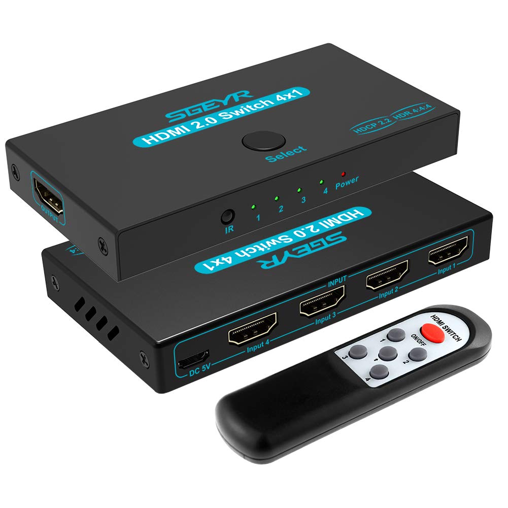 Sgeyr Hdmi 2.0 Switch 4 Port, Hdmi Switch Splitter 4 In 1 Out, Metal Hdmi Switcher 4K With Ir Remote, Support Hdcp 2.2 Support 4K@60Hz Ultra Hd 3D 2160P 1080P, Compatible For Ps3/Ps4,Xbox