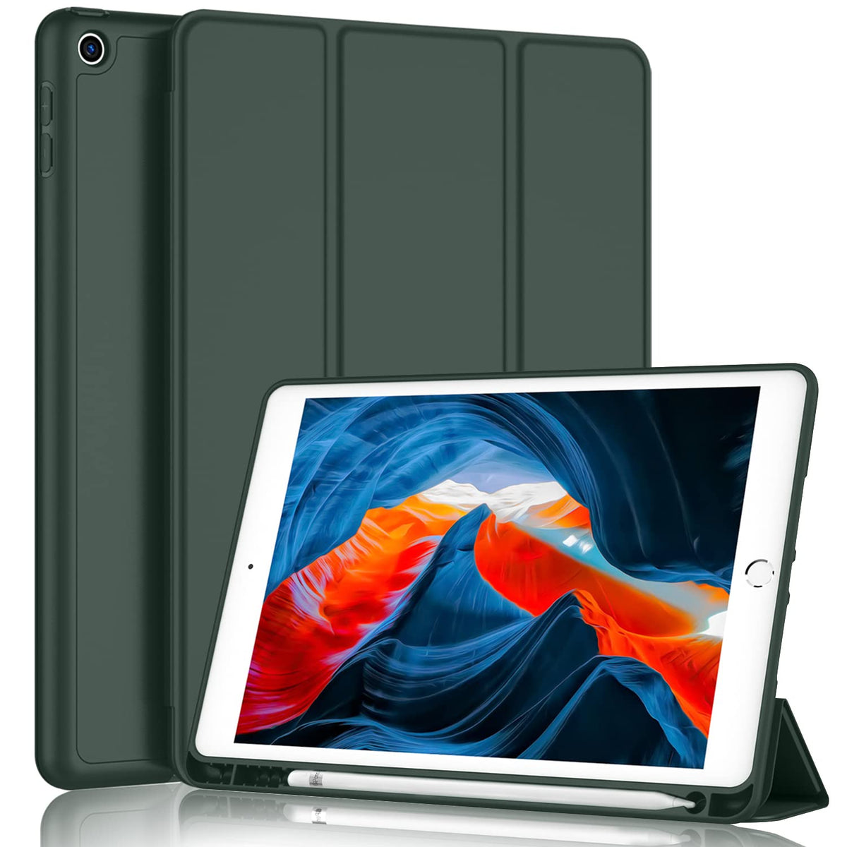 Imieet Ipad 9Th Generation Case 2021/Ipad 8Th Generation Case 2020 10.2 Inch With Pencil Holder, Ipad 7Th Gen 2019 Case With Soft Baby Skin Silicone Back, Auto Wake/Sleep Cover(Dark Green)