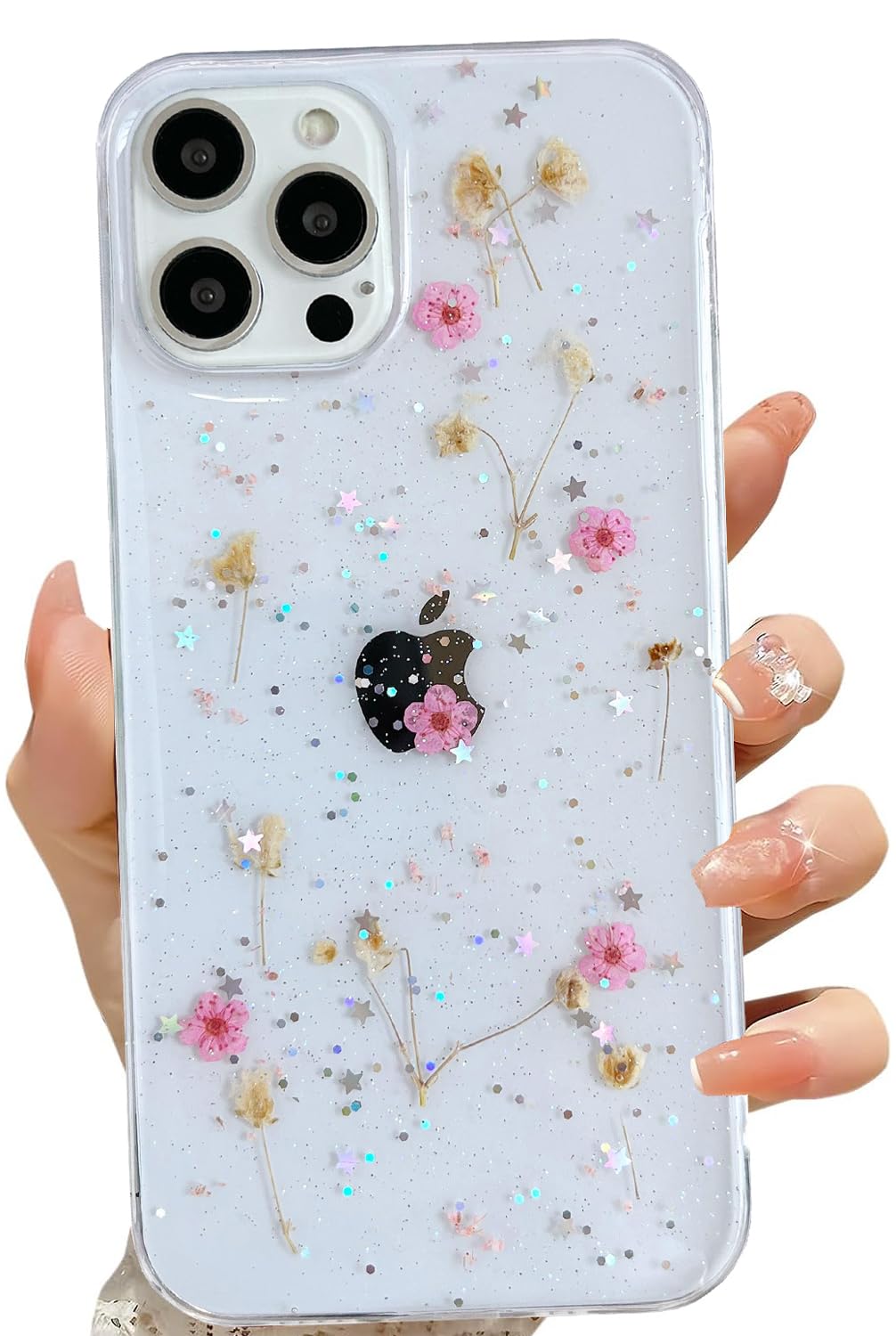 Lseeka For Iphone 12 Pro Max Clear Case With Pressed Real Flowers Design,Glitter Cute Pink Floral Pattern Slim Soft Tpu Protecti
