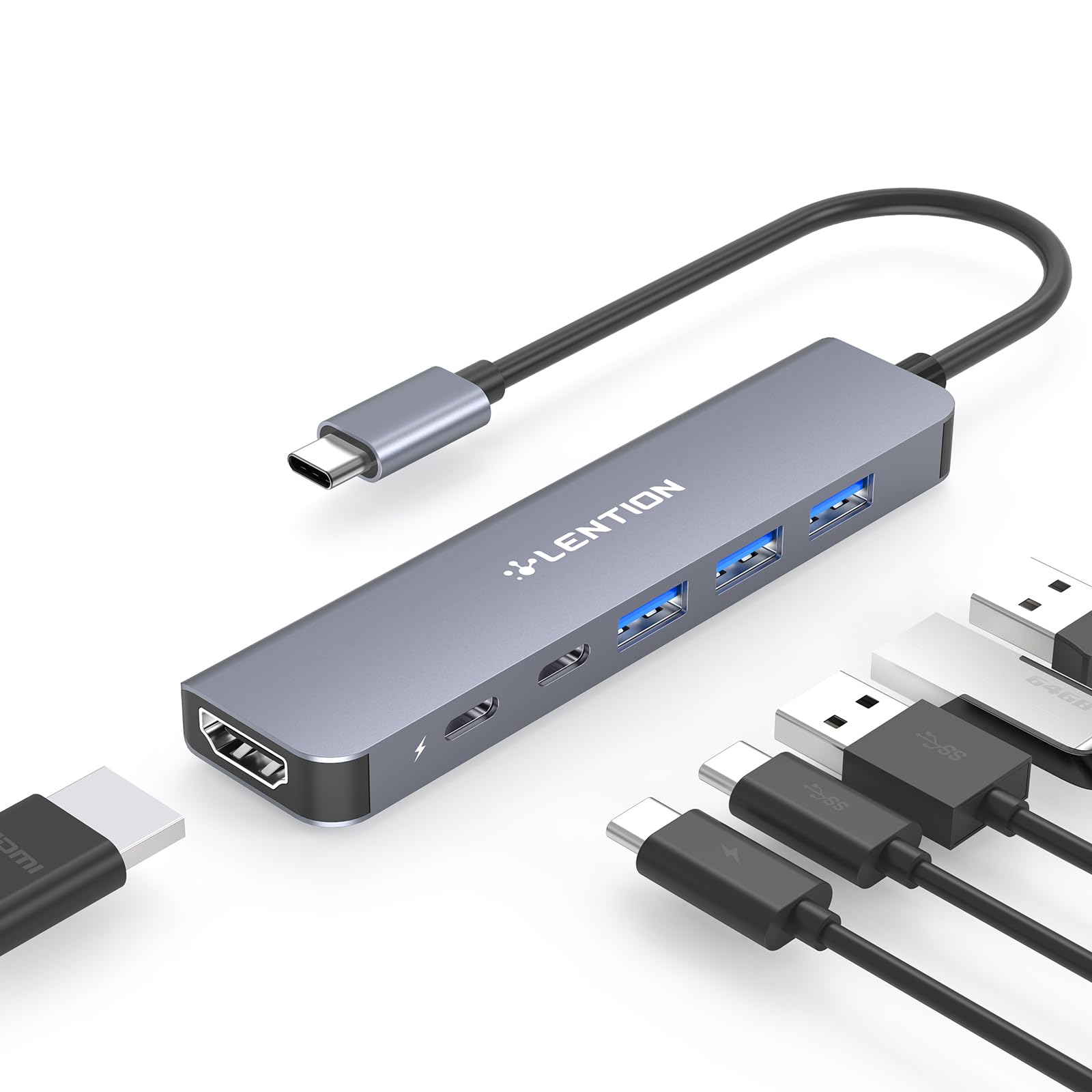 Lention Usb C Hub, 6 In 1 Usb C To Usb Adapter, Usb C Multiport Hub With 4K Hdmi Port, 1 Usb C Data Port, 3 5Gbps Usb A Ports, 1
