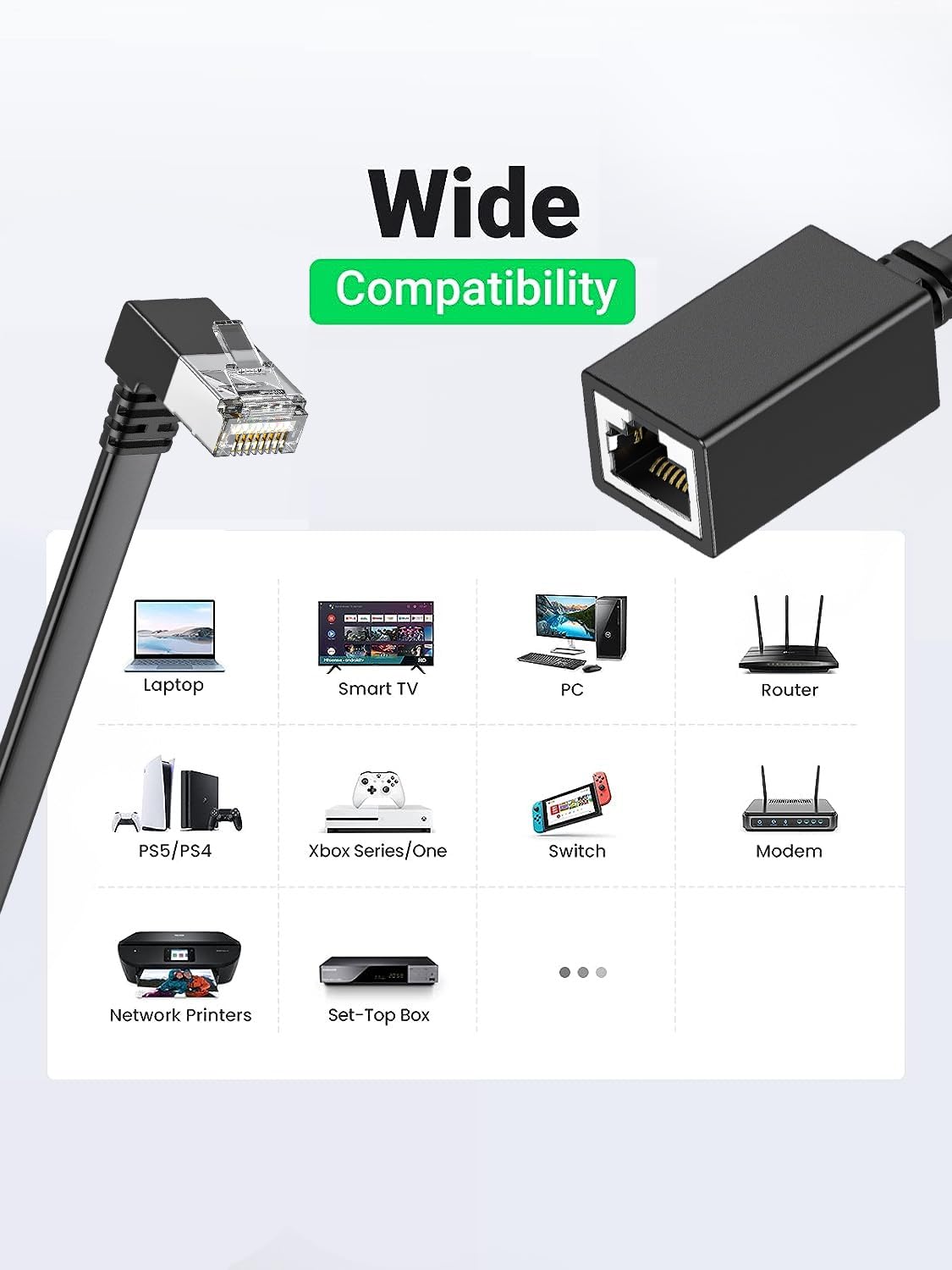 2Packs Right Angle Cat7 Ethernet Extension Cables Flat 0.5 Ft,Right Angle Down 90 Degree Lan Extended Cable Network Patch Cord Male To Female Connector For Router Modem Smart Tv Pc Computer Laptop