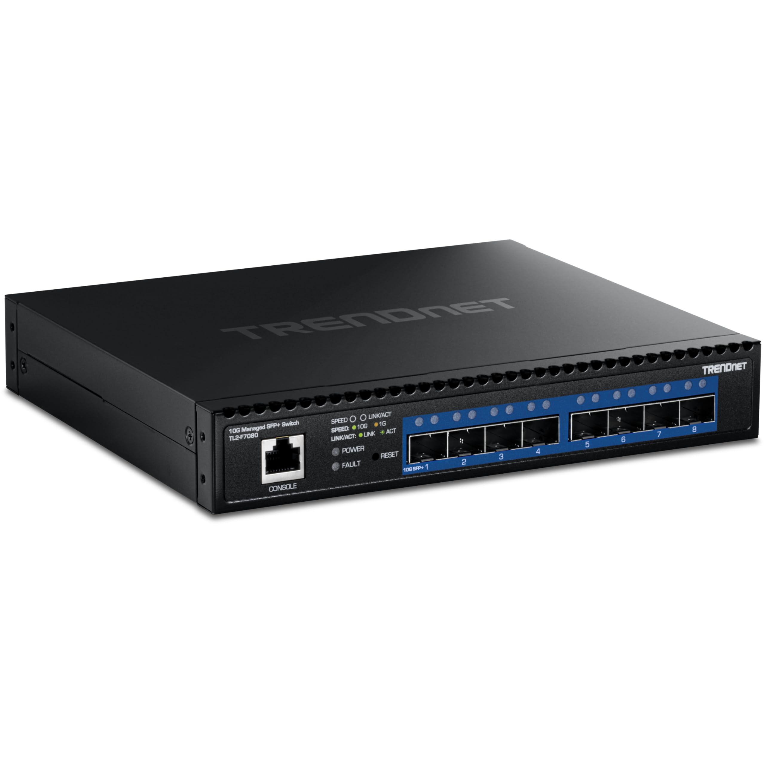 TRENDnet 8-Port 10G Layer 2 Managed SFP+ Switch, TL2-F7080, 8 x 10G SFP+ Ports, Web-Based Management, NDAA + TAA Compliant, 160G