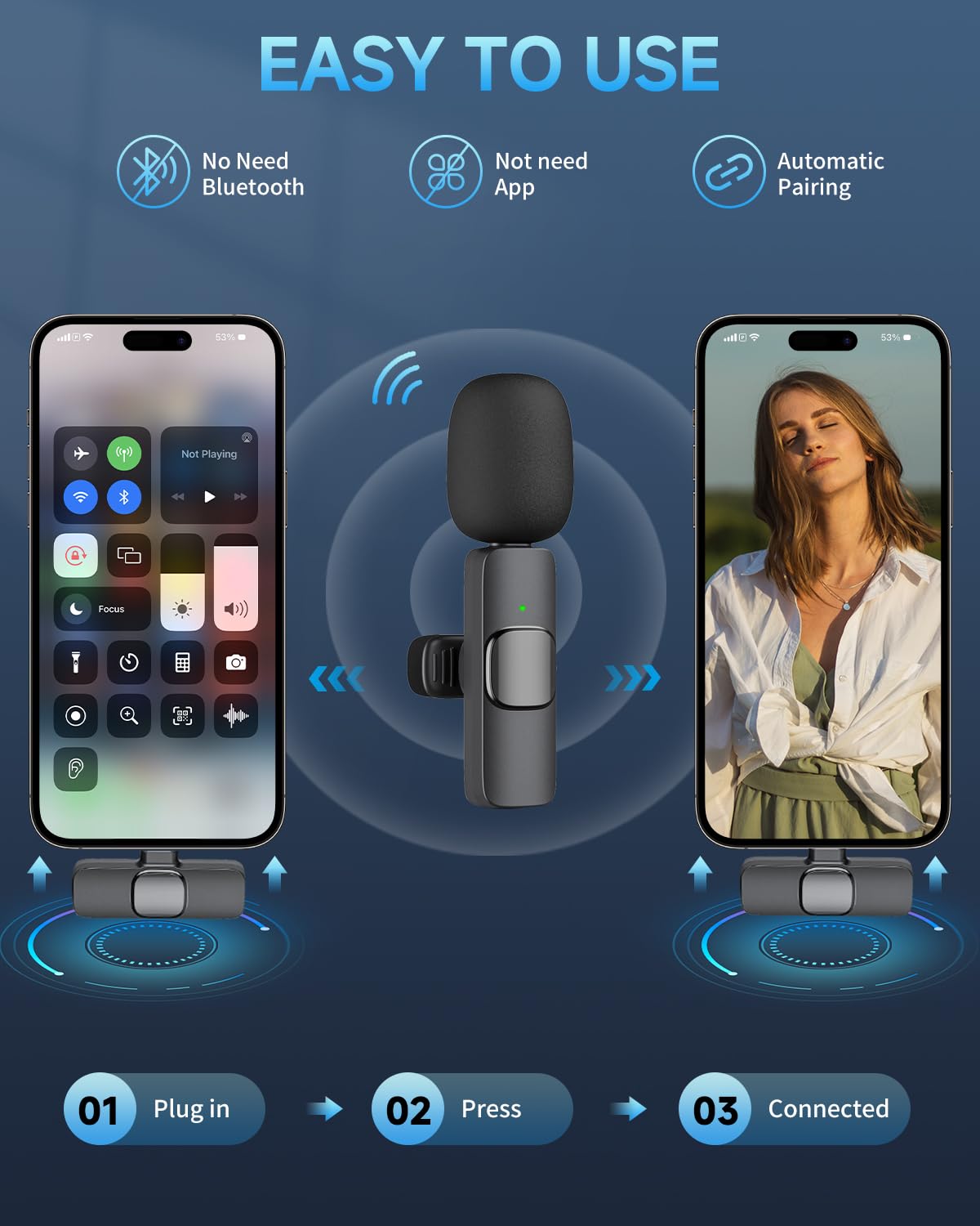 Professional Wireless Lavalier Microphone For Iphone Ipad, Cordless Omnidirectional Clip Mic, Plug Play Microphone For Interview