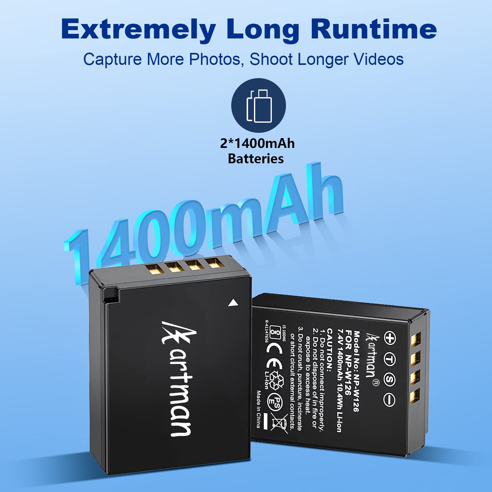 Artman Np W126 Np W126S Battery And Lcd Dual Charger For Fujifilm X100V, X100Vi, X100F, X T100, X T200, X T1, X T2, X T3, X T10,