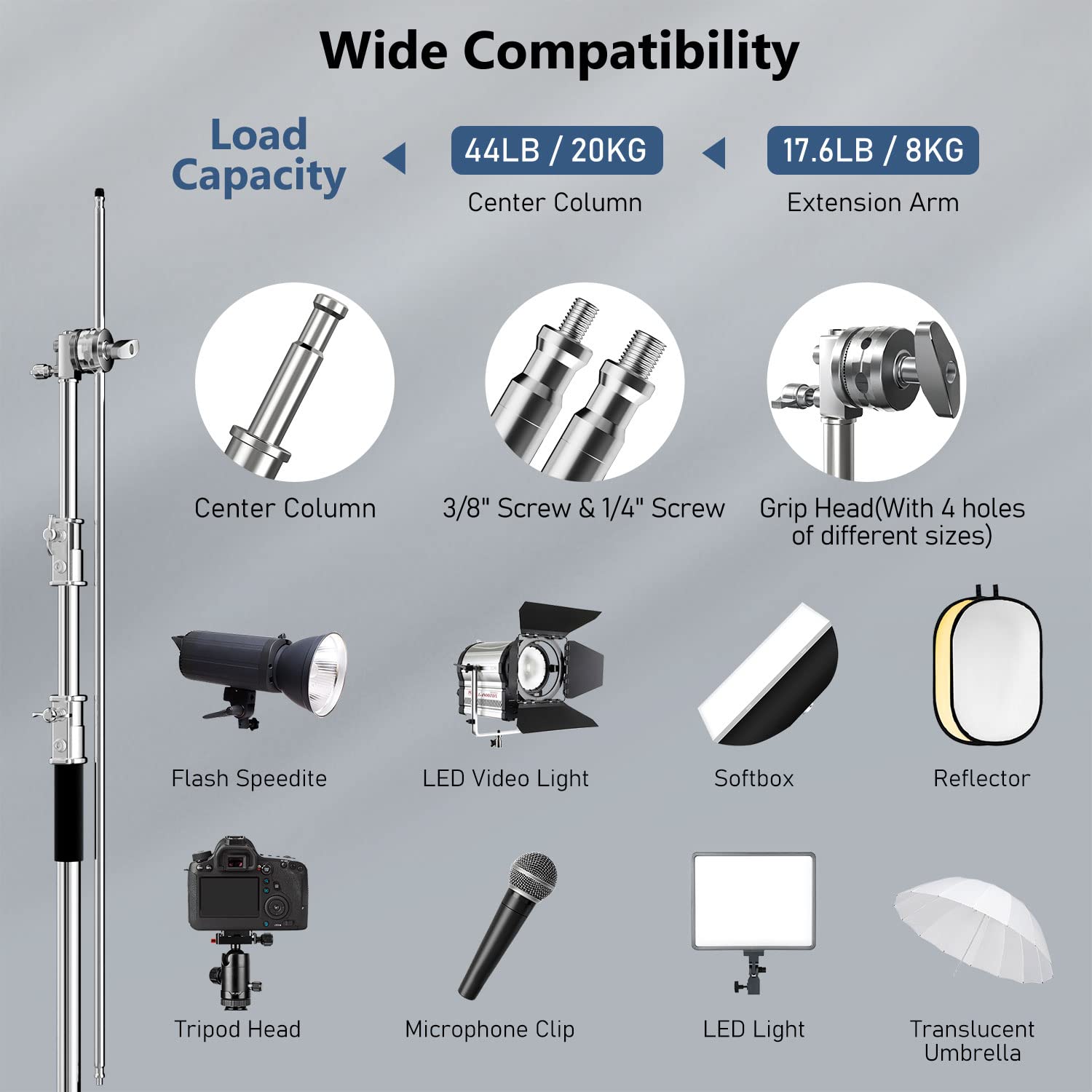 Photography C Stand With Boom Arm: 100% Stainless Steel   Takerers Bs10 Heavy Duty Max Height 10.5Ft/131Inch Light Stands (1 Pac