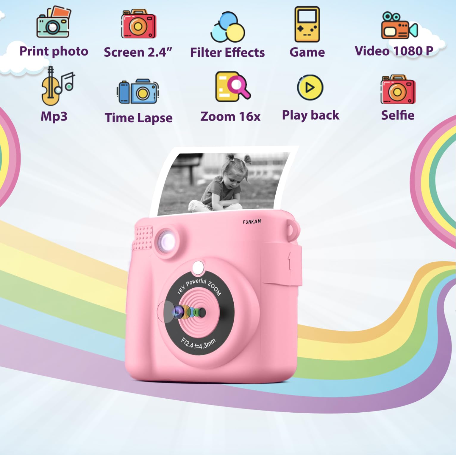 Instant Print Camera For Kids   2.4'' Hd 1080P   With 32Gb Sd Card, 5 Markers, Stickers, 5 Paper Rolls, Lanyard. Camera Boys And