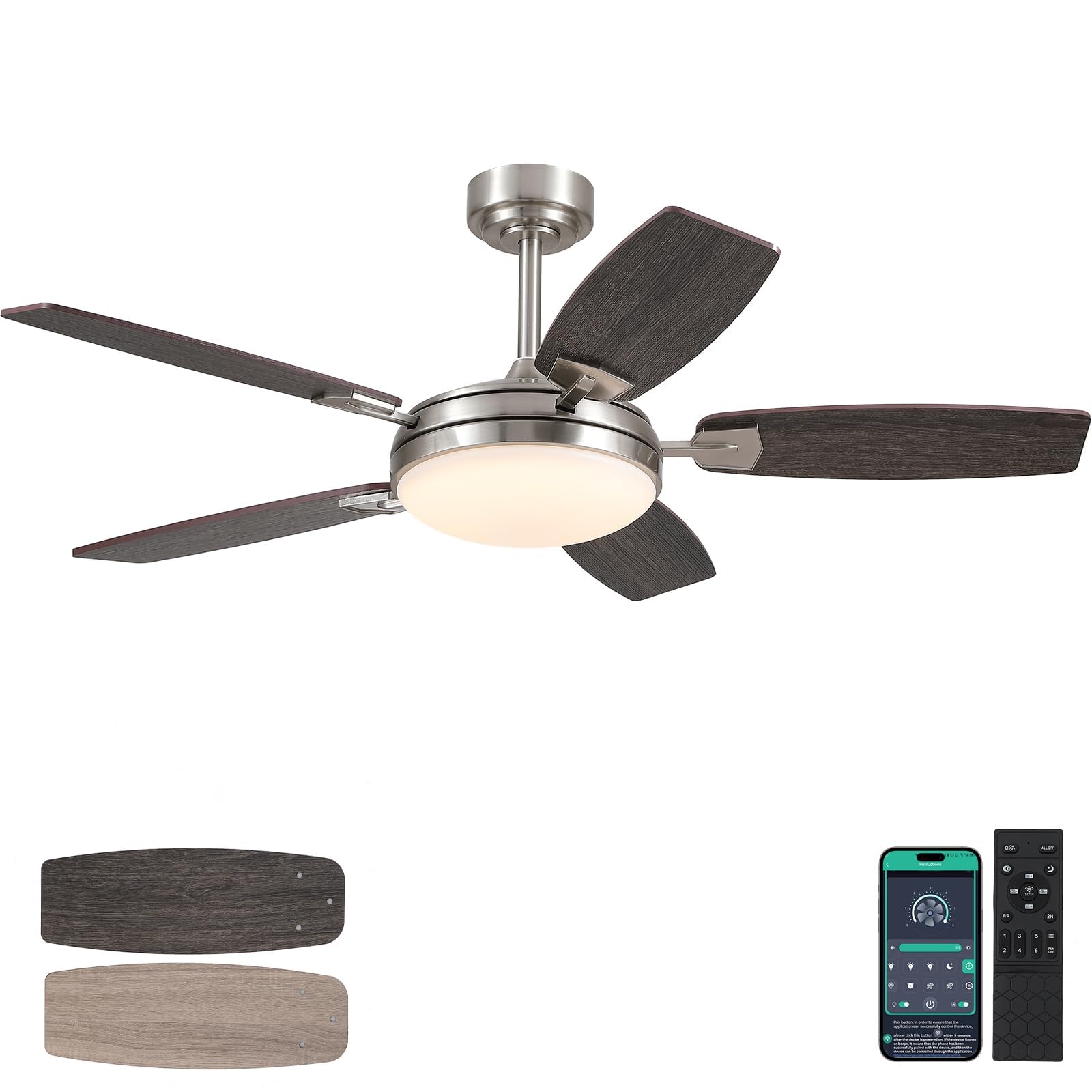 MADSHNE 52 Inch Ceiling Fans with Lights and Remote,Sand Nickel Outdoor Ceiling Fans with Dimmable 3 Colors 6 Speeds, Reversible