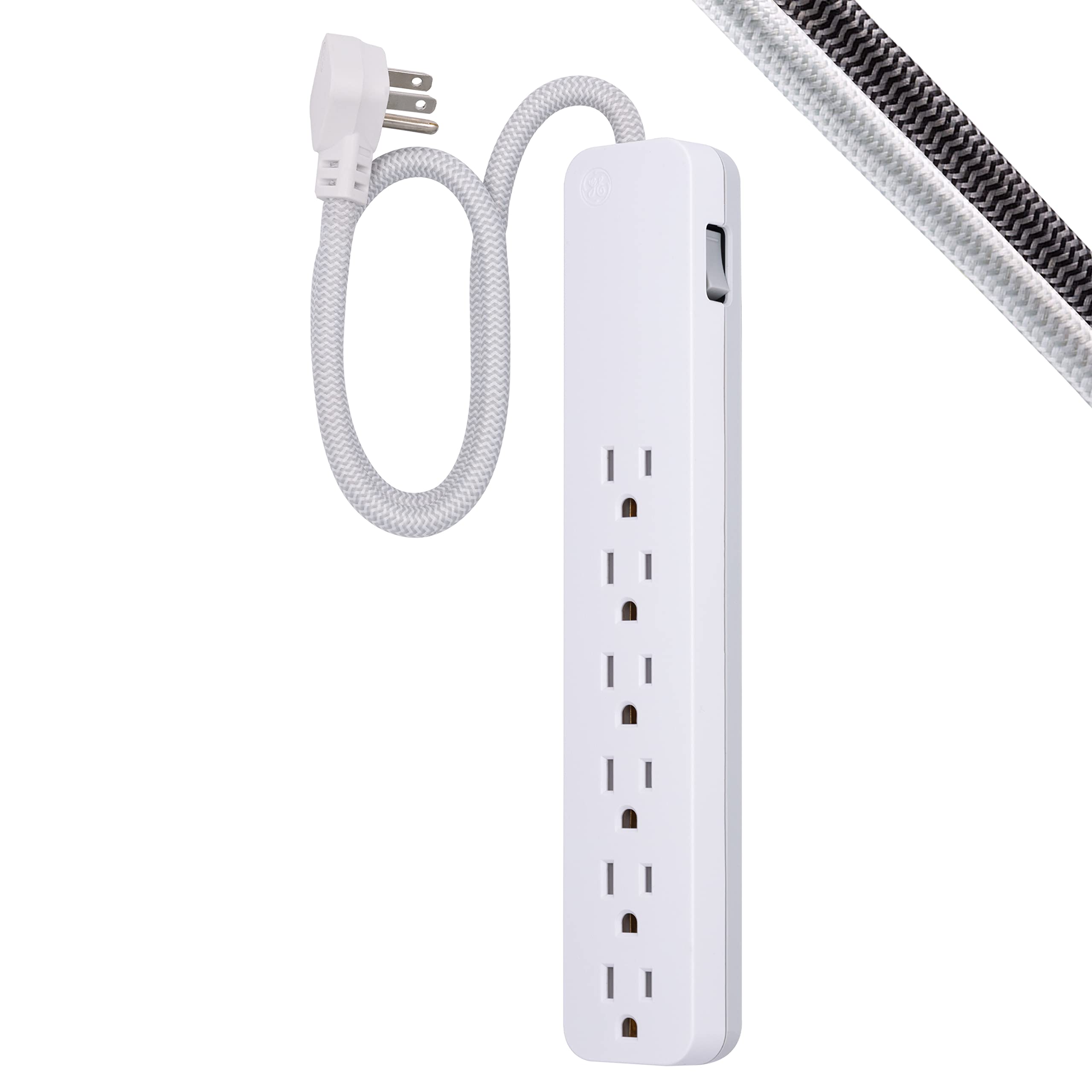Ge Ultrapro 6 Outlet Surge Protector, 2 Ft Designer Braided Extension Cord, 560 Joules, Flat Plug, Wall Mount, Ul Listed, White,