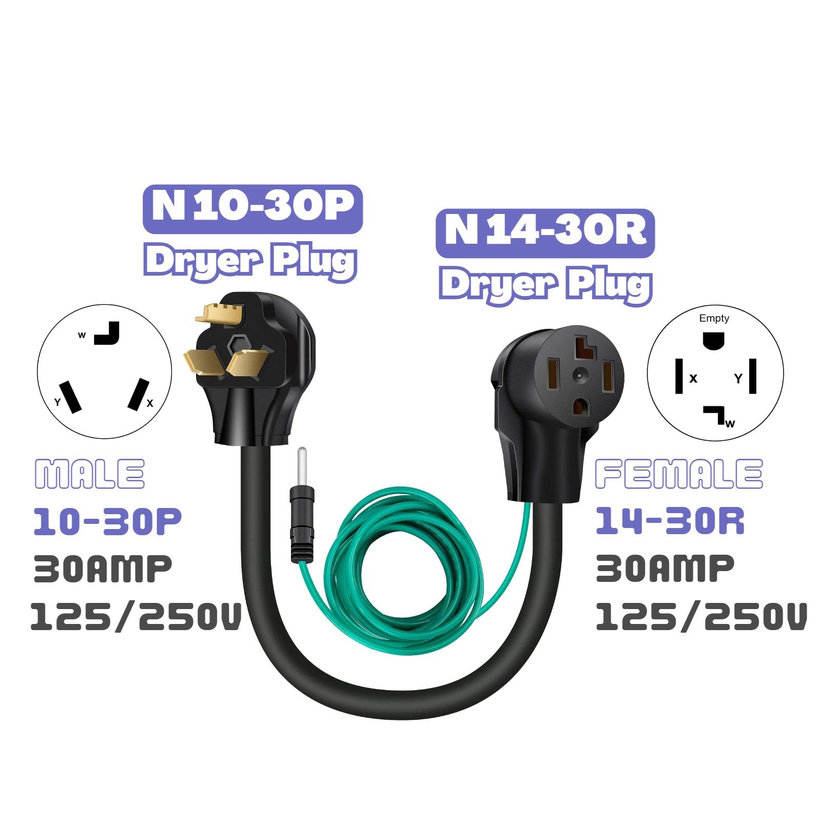 Dryer Adapter Cord, Nema 10 30P Male To 14 30R Female With Ground Wire   4 Prong To 3 Prong, 1.5Ft, 30A/250V, Stw 10Awg   Ideal
