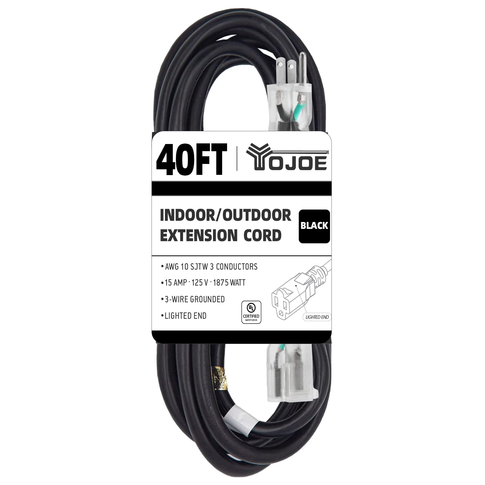 Yojoe Indoor Outdoor Extension Cord With Lighted End, 3 Prong 15A Weatherproof Power Extension Cord, 10 Gauge Heavy Duty 40 Ft B