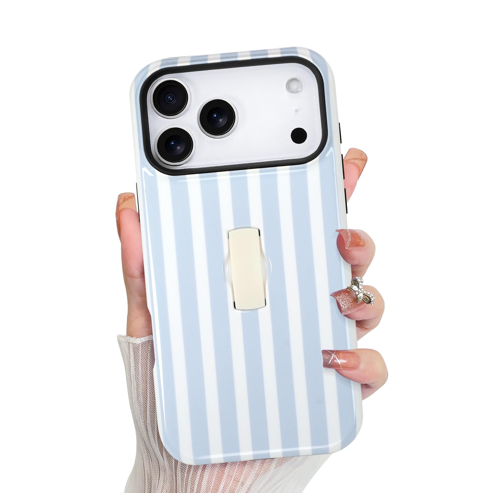 KANGHAR Compatible with iPhone 17 Pro Case, Silicone Stripes Cute Pattern, Finger Hold Wristband Kickstand Camera Protection Sof