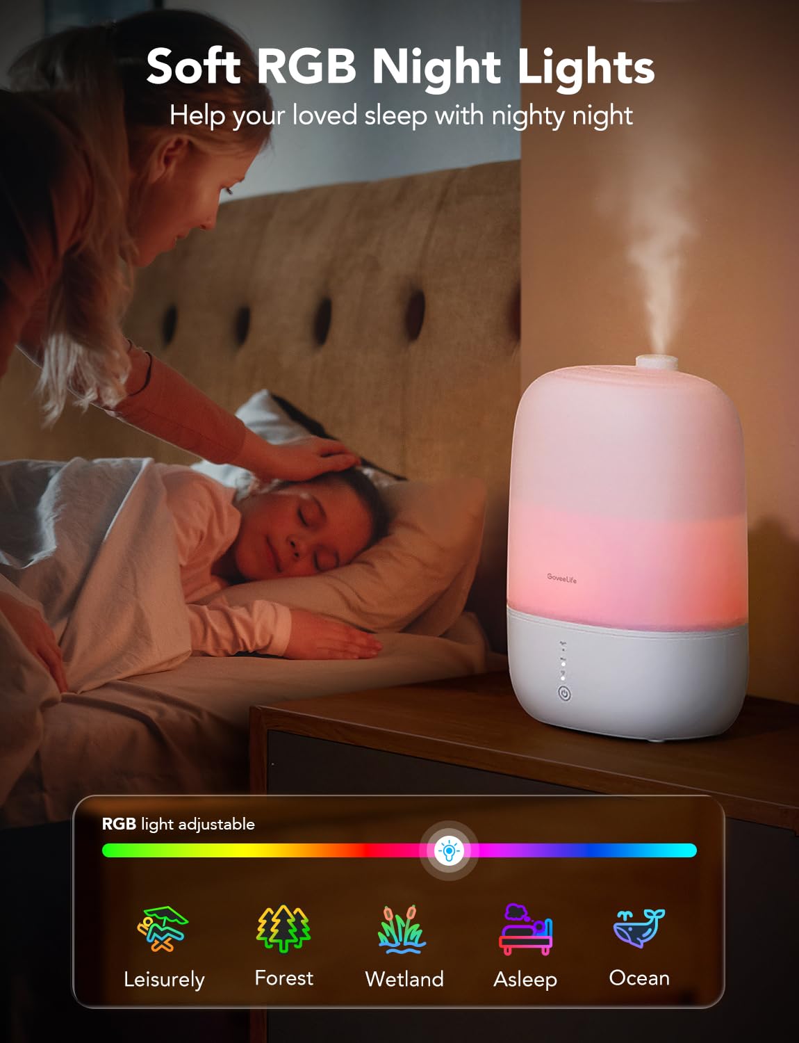 Goveelife Smart Humidifiers For Bedroom, 3L Top Fill Cool Mist Humidifiers With Essential Oil Diffuser, Humidity Control, Wifi A