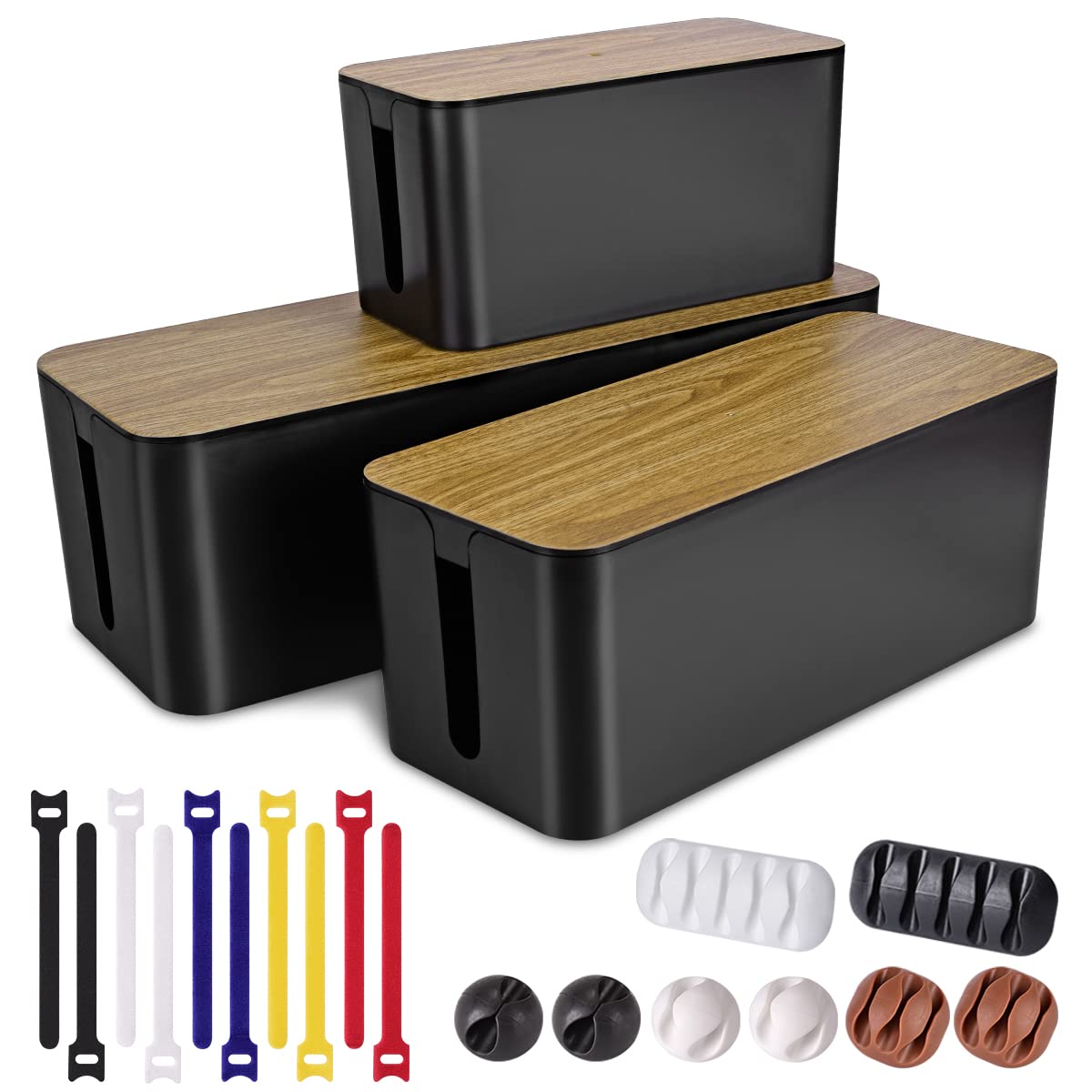 3 Pack Cable Management Box With 18 Pcs Cable Management Set   Large & Medium & Small Wooden Grain Cable Organizer Box To Hide W