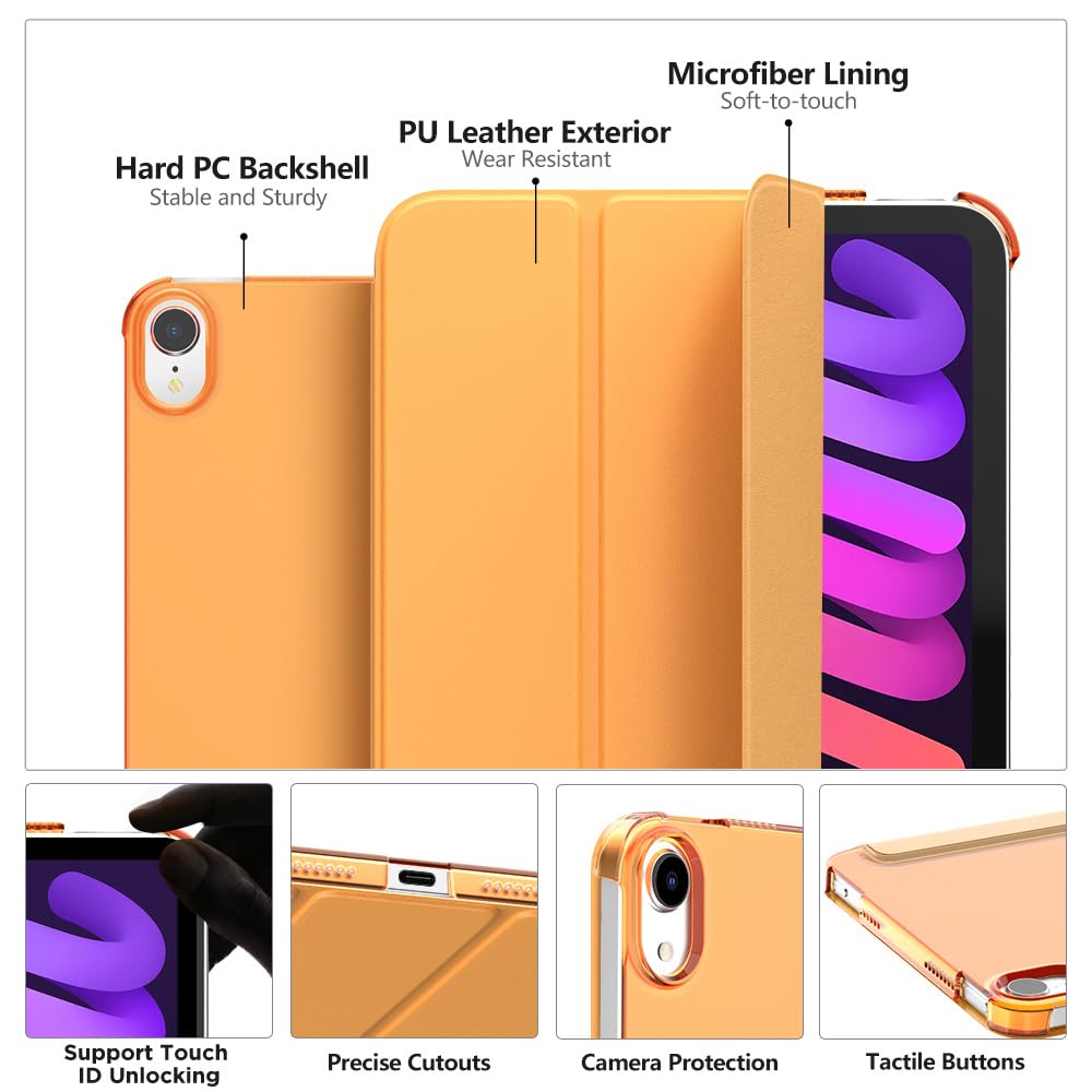 MoKo for iPad Mini 7 (A17 Pro) Case 2024,iPad Mini 6 Case 2021,8.3 inch iPad Mini 7th/6th Generation Case,Slim Lightweight Hard Back Shell Stand Cover for iPad Mini 2024 with Touch ID, Papaya