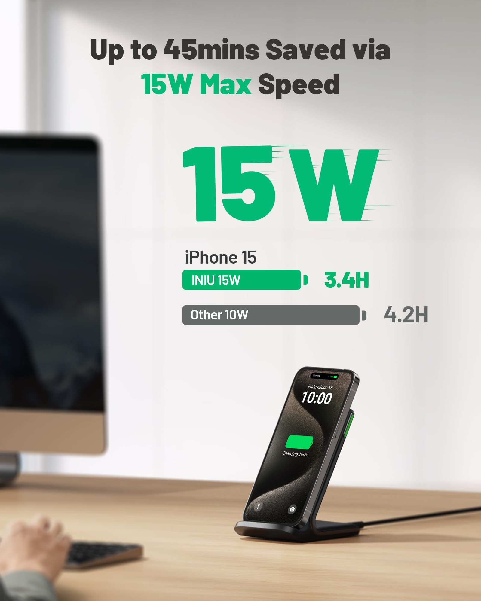 Iniu Wireless Charger, 15W Fast Qi-Certified Wireless Charging Station With Sleep-Friendly Adaptive Light Compatible With Iphone