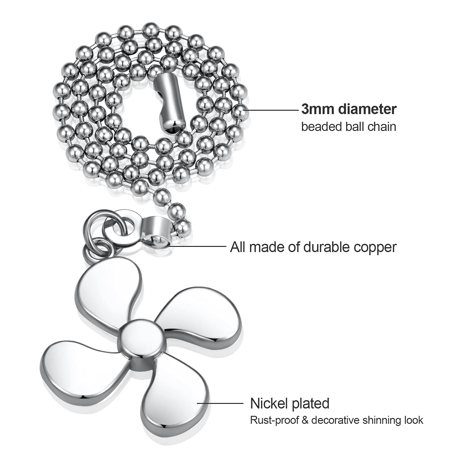 Ceiling Fan Pull Chain Extender, 4 Pieces 12 Inch 3Mm Dia Beaded Extension Chain With Fan And Bulb Cord (Silver)