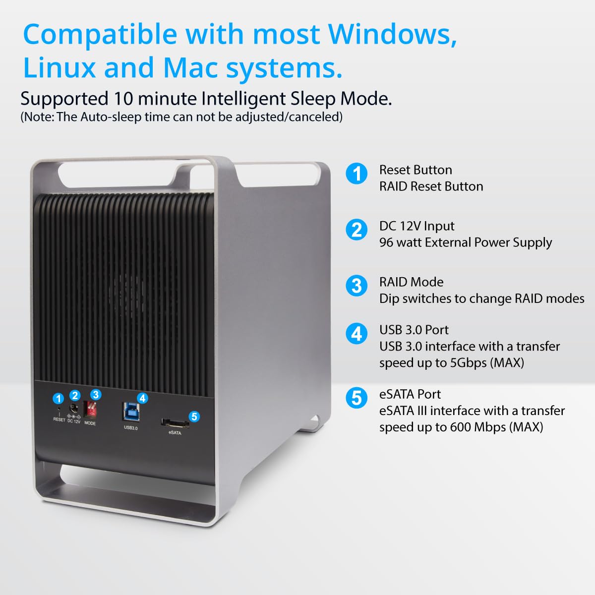 Syba 5 Bay 2.5'' And 3.5'' Sata Hdd External Usb 3.0 / Esata Raid Hard Drive Enclosure Support 80Tb & Raid 0/1/5/10/Jbod Raid Mo