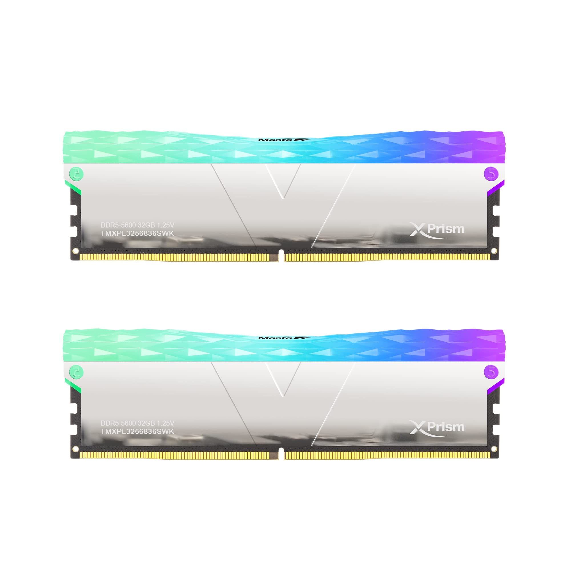 V Color Ddr5 Manta Xprism 64Gb(32Gbx2) 5600Mhz 2Gx8 Cl36 1.25V Sk Hynix Ic Rgb Gaming Desktop Upgrade Ram Memory Module   Silver