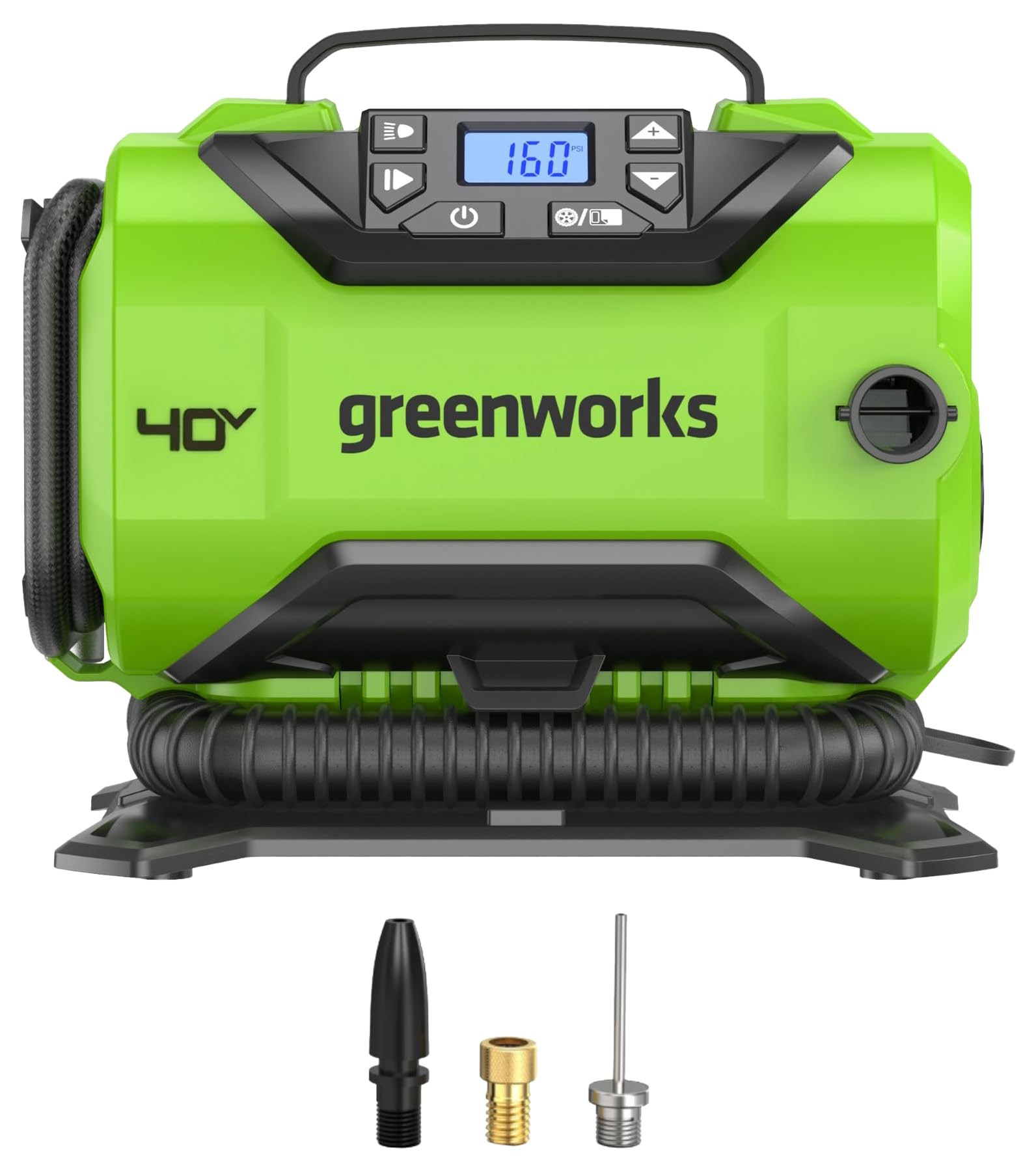 Greenworks 24V Cordless Tire Inflator with 2Ah USB Battery & 2A Charger - Portable Air Compressor (160 PSI) with Auto Shut Off,