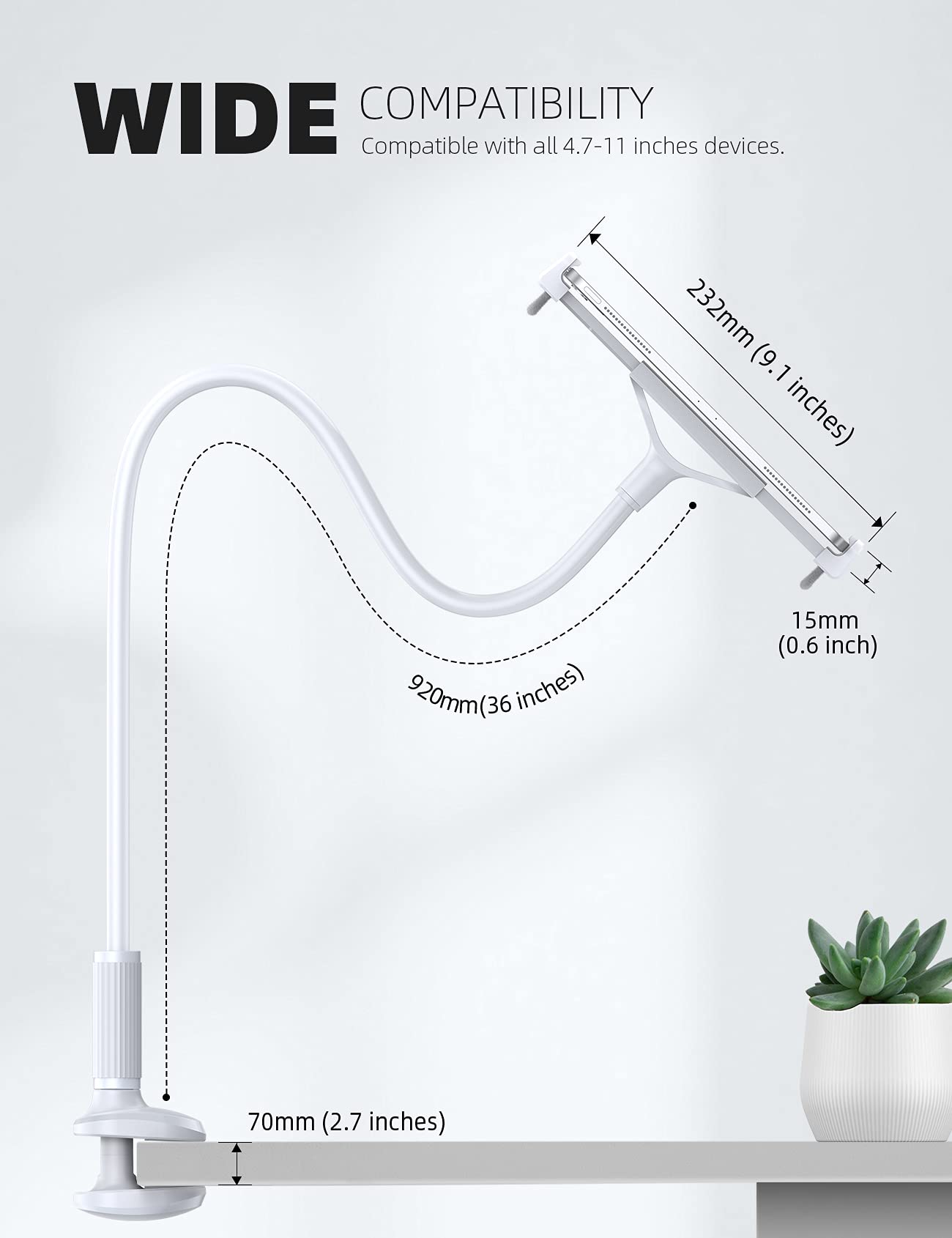 Lamicall Gooseneck Tablet Mount Holder for Bed Flexible Tablet Arm Clamp for Bed Compatible with Pad Pro 10.5, Air 9.7, Mini 7.9, Galaxy Tabs, Switch, More 4.7 11' Device   White