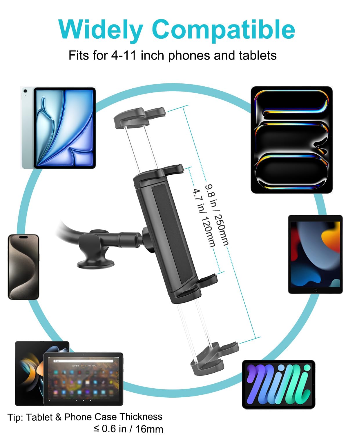 Dosvsi Car Tablet Holder - Windshield/Dashboard Suction Cup Mount, 360 Rotation & Flexible Gooseneck Cradle For Ipad, Galaxy Tab