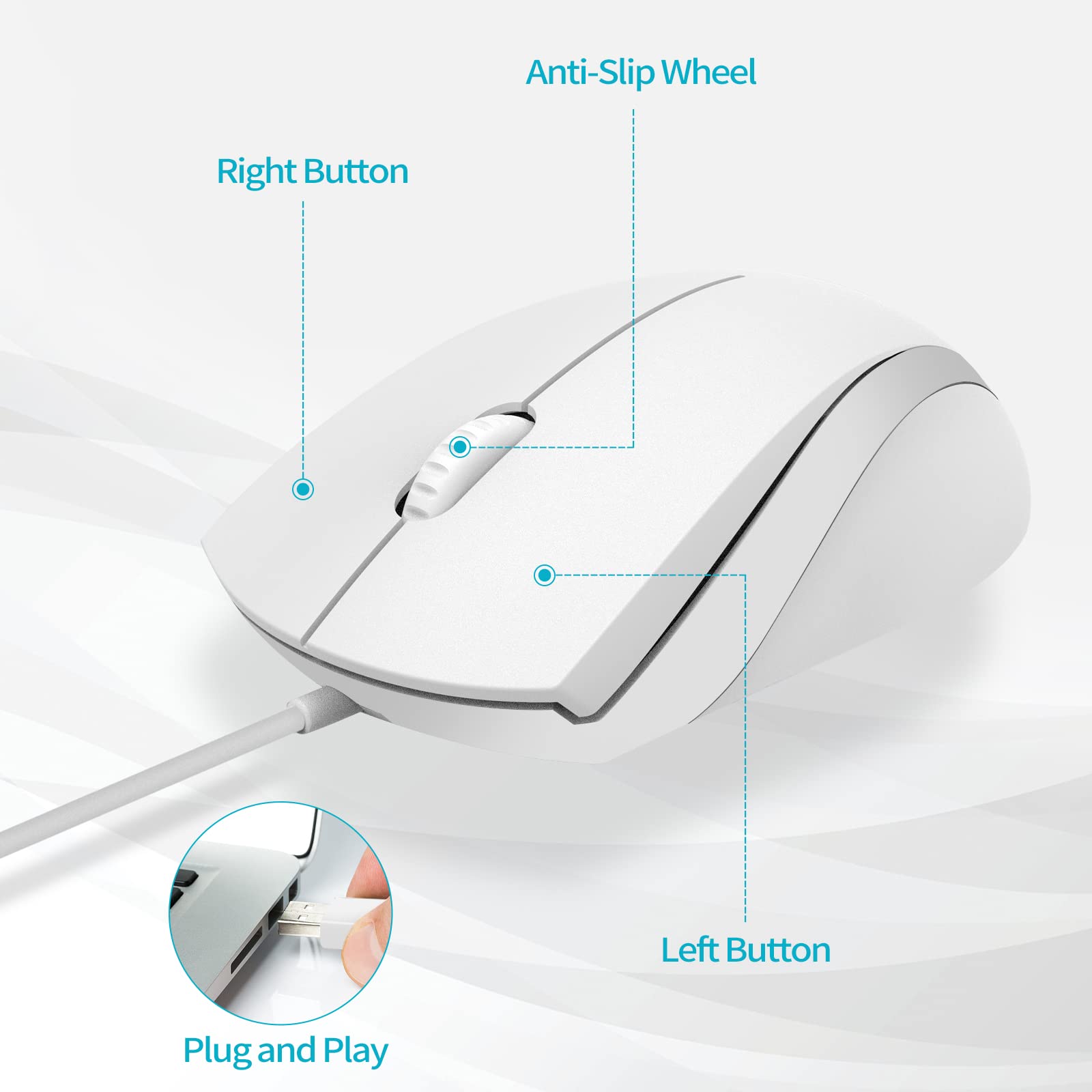 Rapoo N1600 3 Button Quiet Wired Mouse, 1000Dpi Optical Mouse, Quiet Button, Ergonomic Shape, For Desktop Computers Laptops, Mat