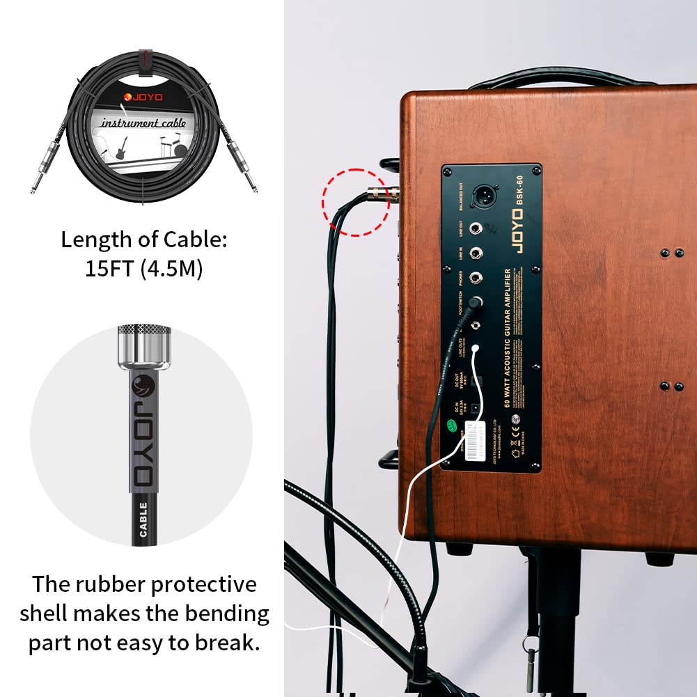 Joyo Audio Instrument Cable 15Ft For Bass & Guitar 1/4 Inch Straight Professional Amp Cord (Black, Cm 04)