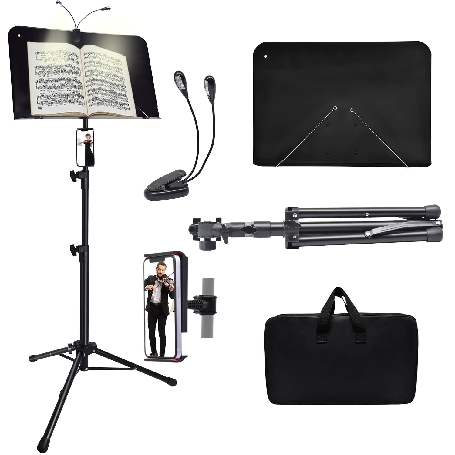 Sheet Music Stand With Light And Phone Holder, 57'' Portable Music Stand For Sheet Music High Stability, Height Adjustable Music