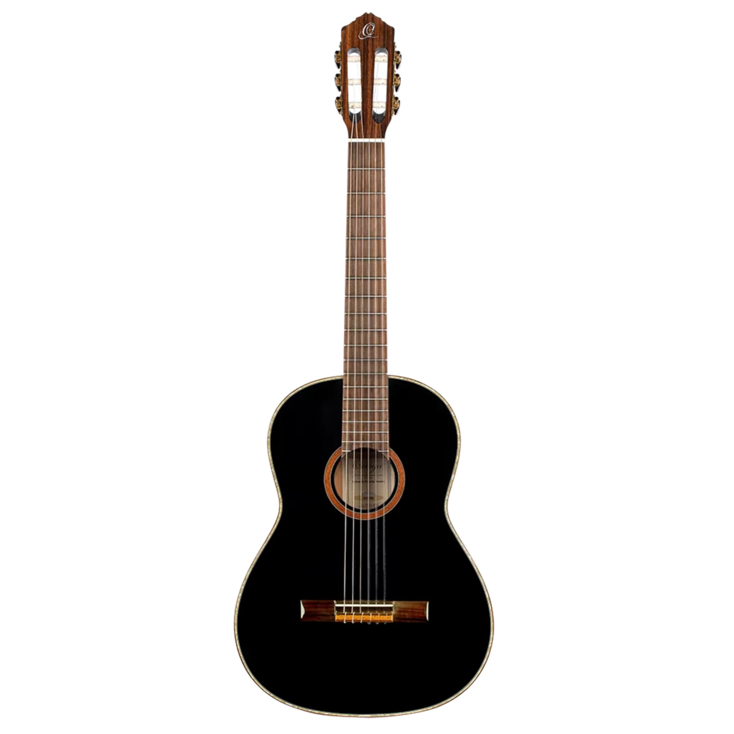 Ortega Guitars 6 Family Series Full Size Slim Neck Nylon String Classical Guitar W/Bag, Right, Spruce Top-Black-Gloss, (R221Bk)