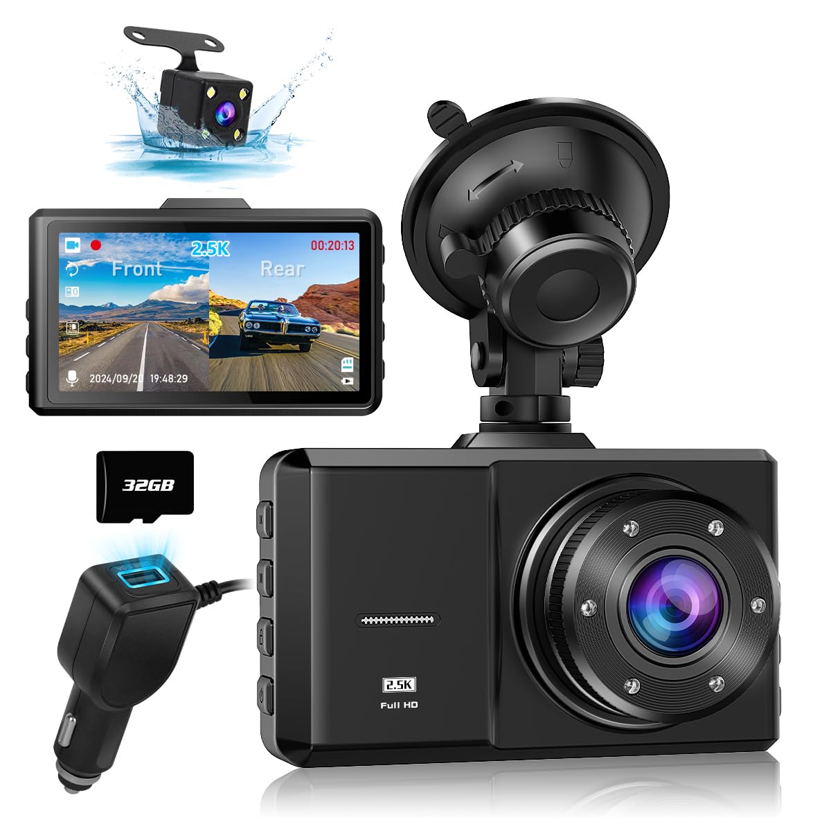 Dash Cam Front And Rear, Spade Dual Dash Camera 1296P With 32G Sd Card, Waterproof Backup Camera, Dvr Car Dashboard Camera With 