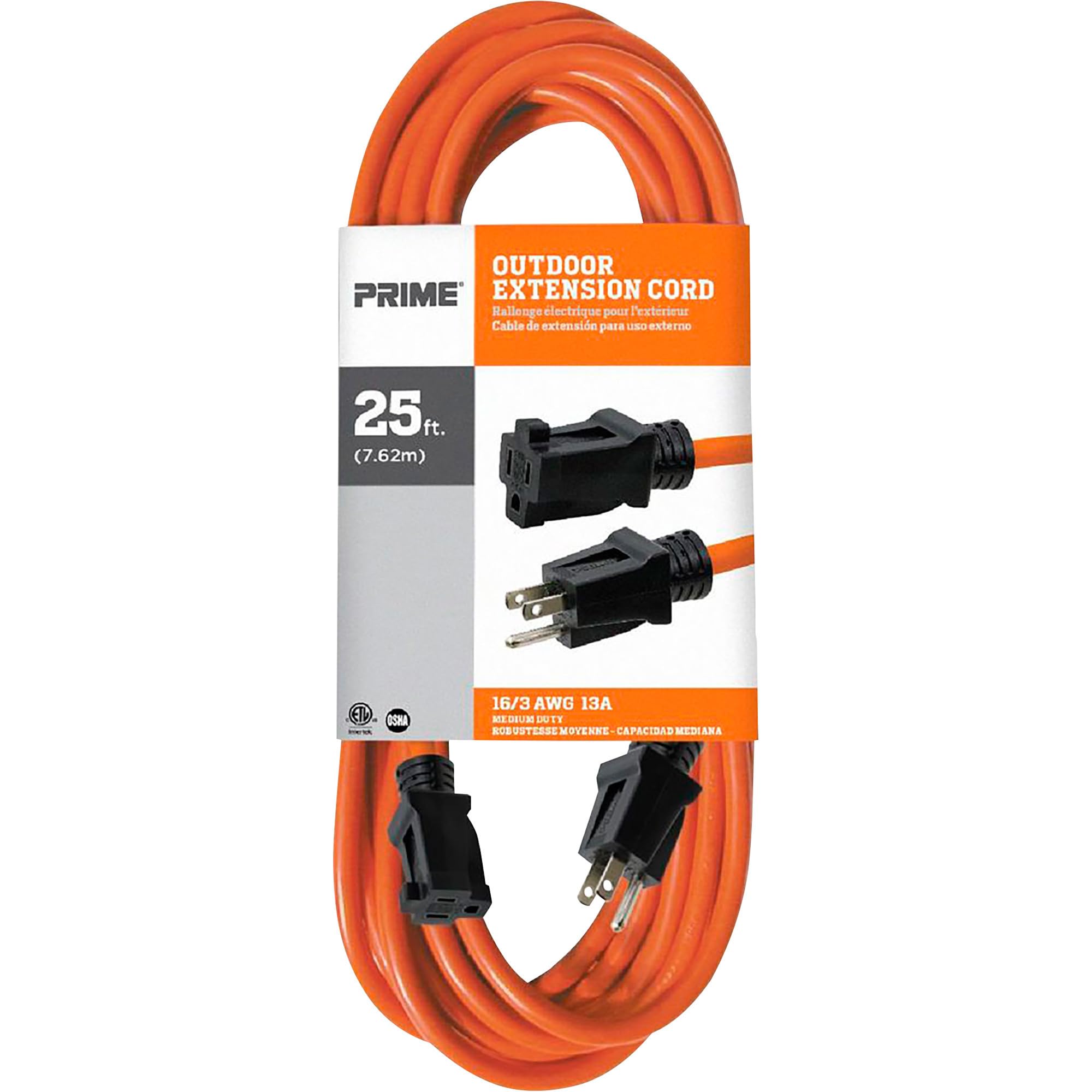 PRIME BRAND Extension Cord, General Use Indoor/Outdoor, 16 AWG, 3-Conductor Grounded, 25, Safety Orange
