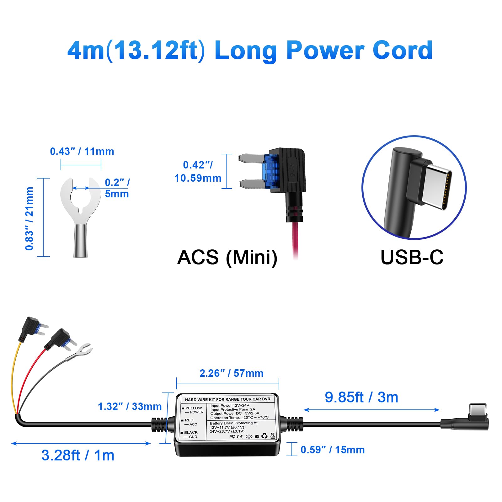 Range Tour Hardwire Kit For Dash Cam, 12V 24V To 5V 2.5A Car Dash Camera Charger Power Cord Usb C Hard Wire Kit Fuse For Dashcam
