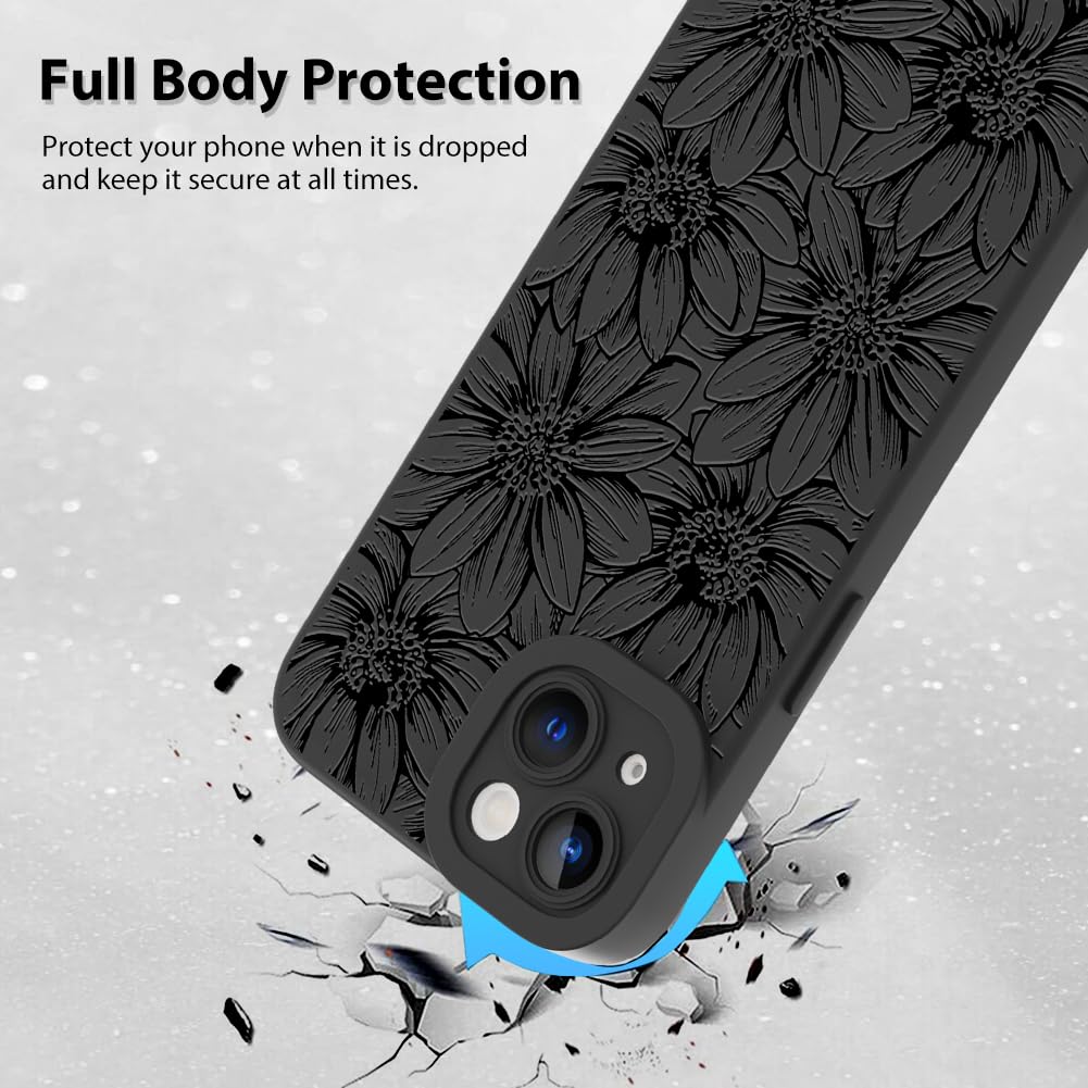 Mzelq For Iphone 15 Case, Silicone Black Floral Flowers Sunflowers Cute Pattern, Camera Protection Soft Slim Phone Case For Ipho