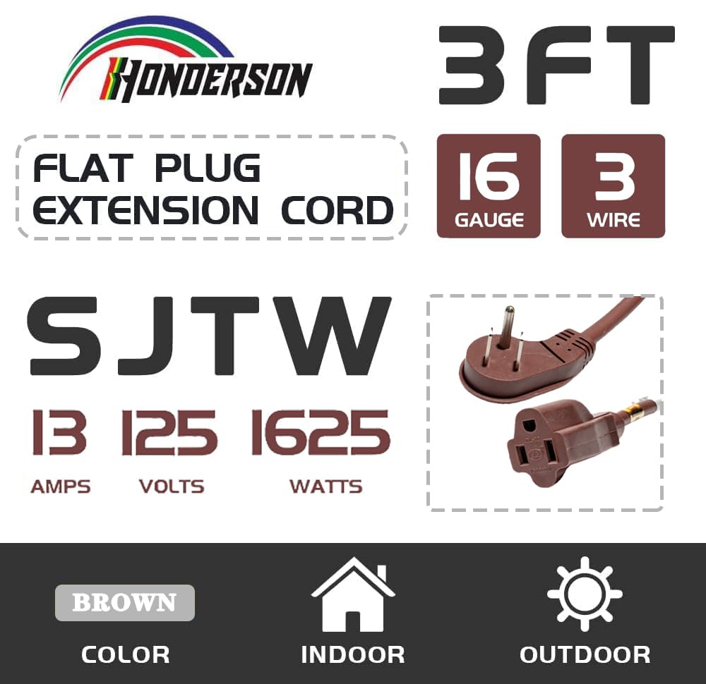 Honderson Flat Plug Indoor Extension Cord, Ul Listed, 16 Gauge 3Ft Brown 3 Prong Heavy Duty Extension Cord, 16/3 Sjtw 13A Power
