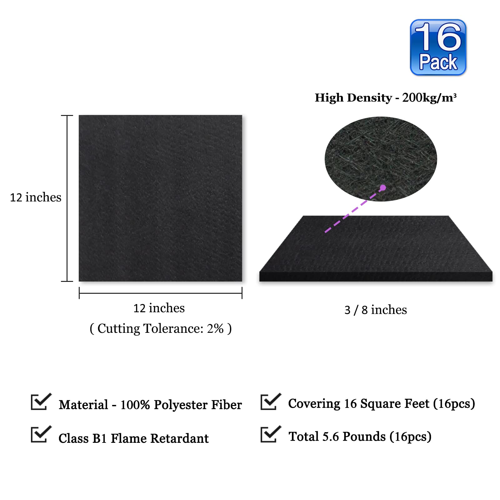 Bxi Sound Absorber, 12 X 12 X 3/8 Inches 16Pcs High Density Acoustic Absorption Panel, Sound Absorbing Panels Reduce Echo Reverb