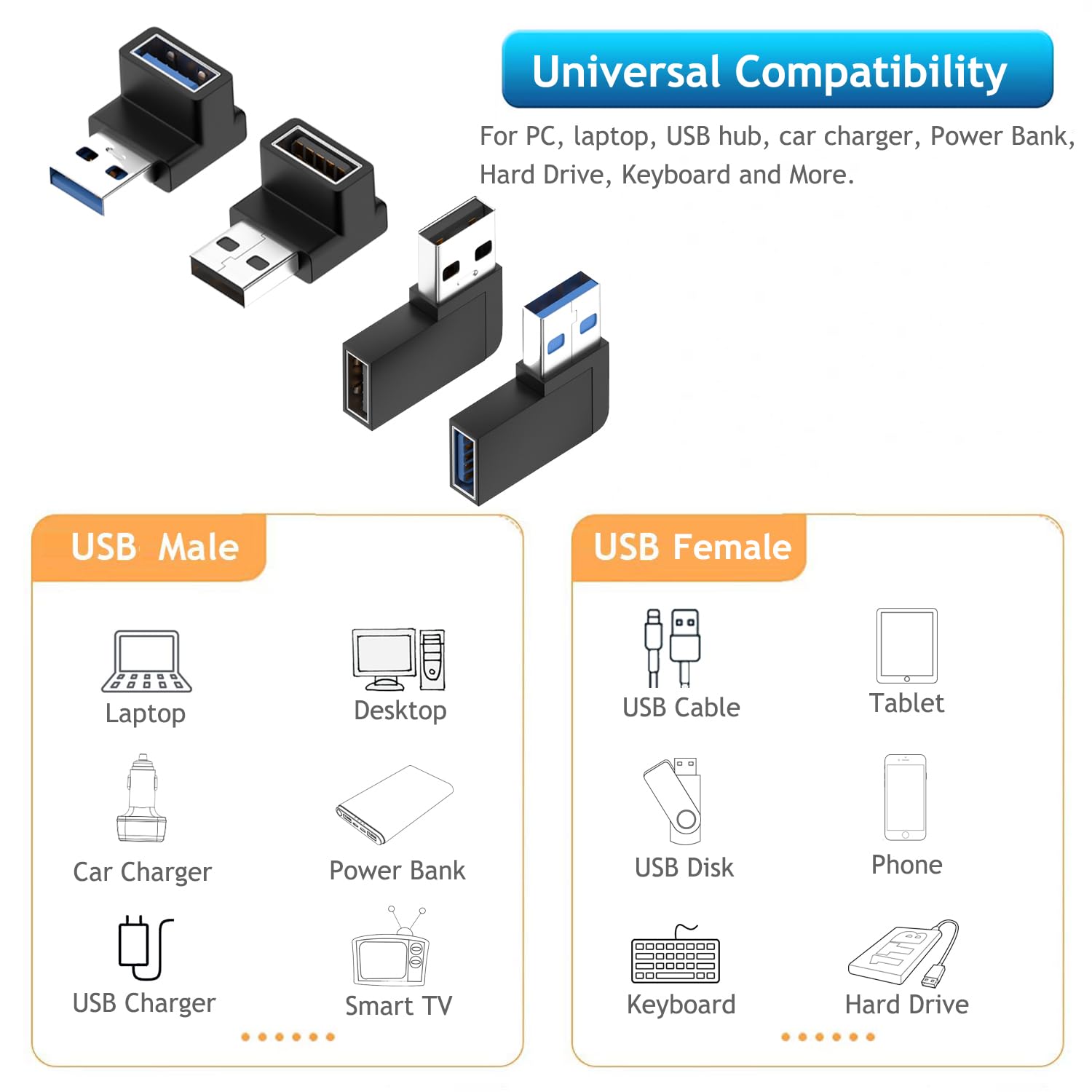 Xsusmdom 90 Degree Usb 3.0 Male To Female Adapter, (4 Pack) Up And Down & Left And Right Angle Usb A Extender Connector For Pc,