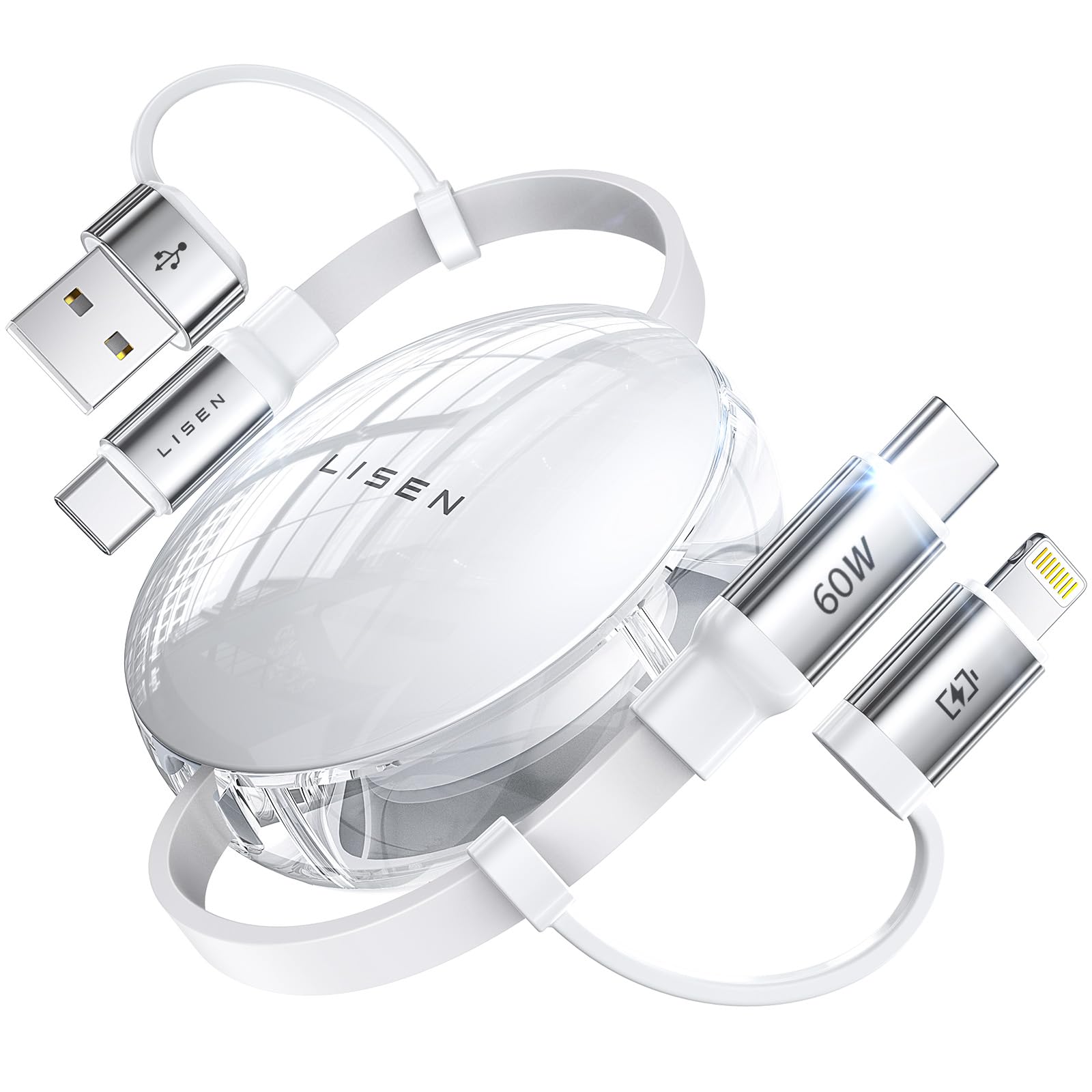 Lisen 5 In 1 Fast Charging Retractable Cable For Iphone, Ipad, Samsung   60W Charger With Usb C/A Ports For Phones, Tablets