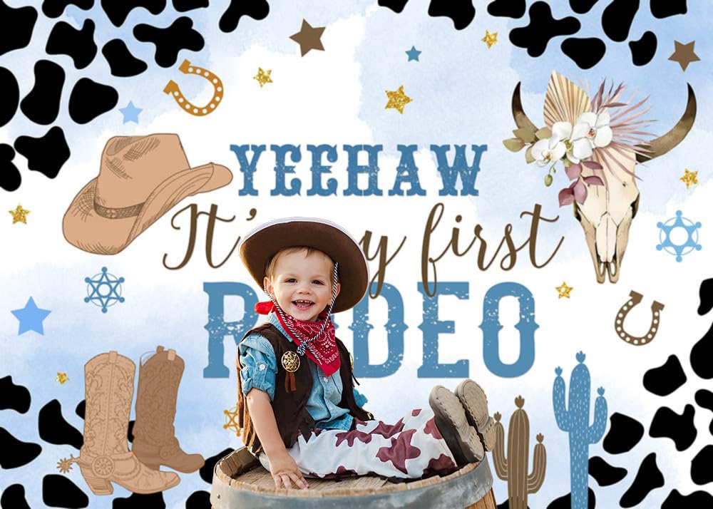 Mocsicka Western Cowboy Birthday Backdrop My First Rodeo Party Decorations Boy Wild West Blue Cowboy Birthday Cake Table Banner