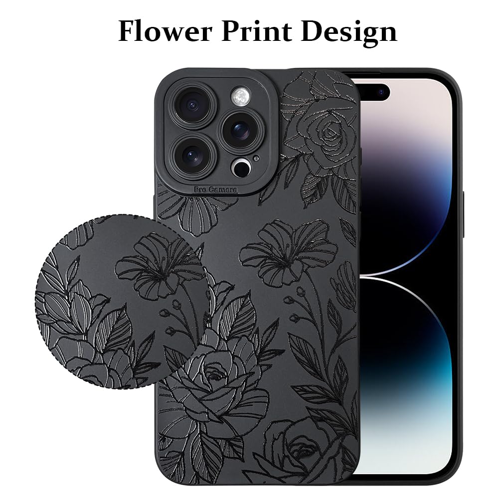 Lsl Case For Iphone 14 Pro Black Floral Flower Pattern Print Case Soft Tpu Full Camera Lens Anti Drop Anti Scratch Shockproof Pr