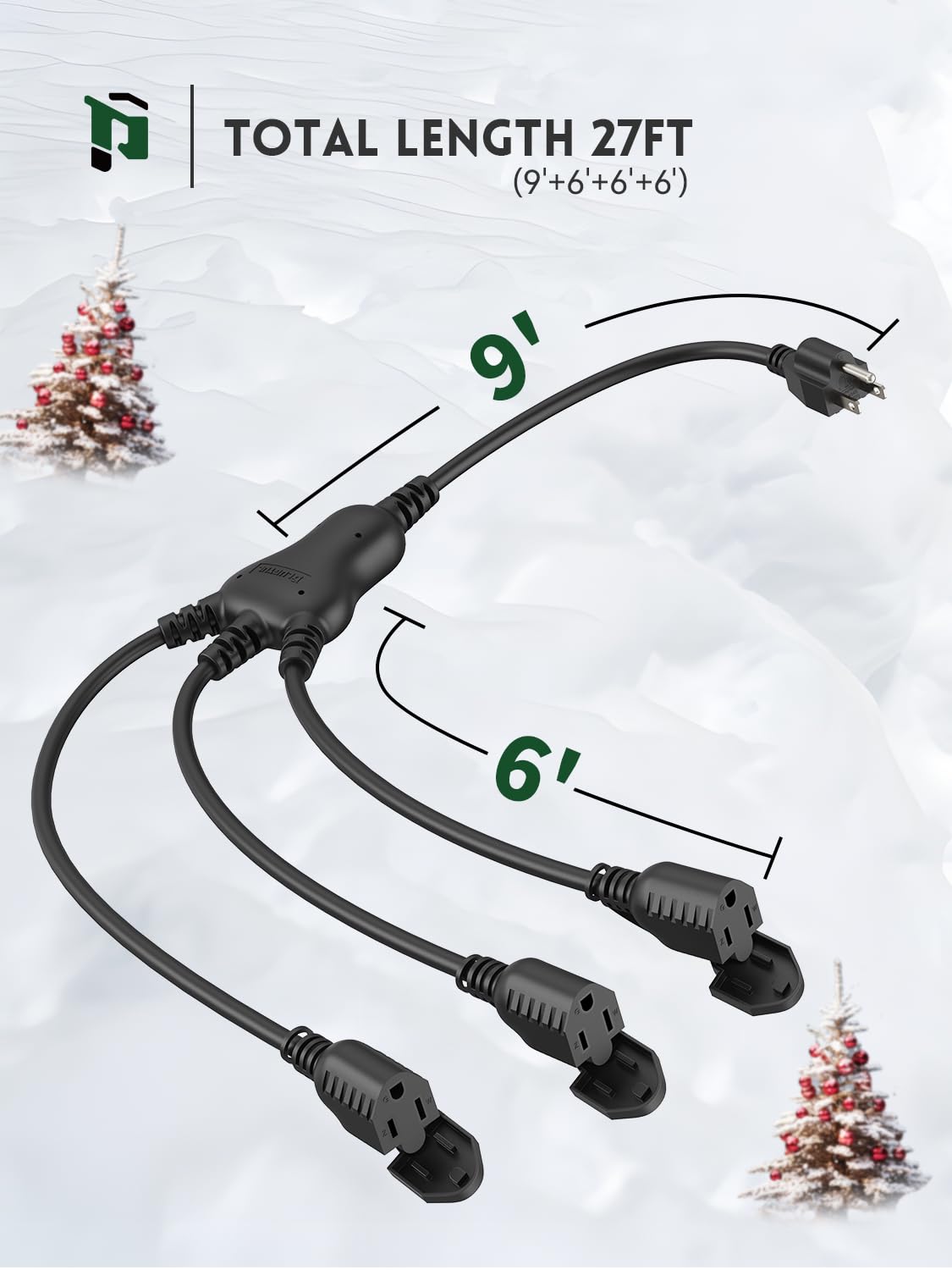 Plugtul 27Ft Outdoor Extension Cord With Multiple Outlets, 1 To 3 Splitter Max 15Ft End To Male Plug (Total 27Ft) 16/3 Sjtw Wate