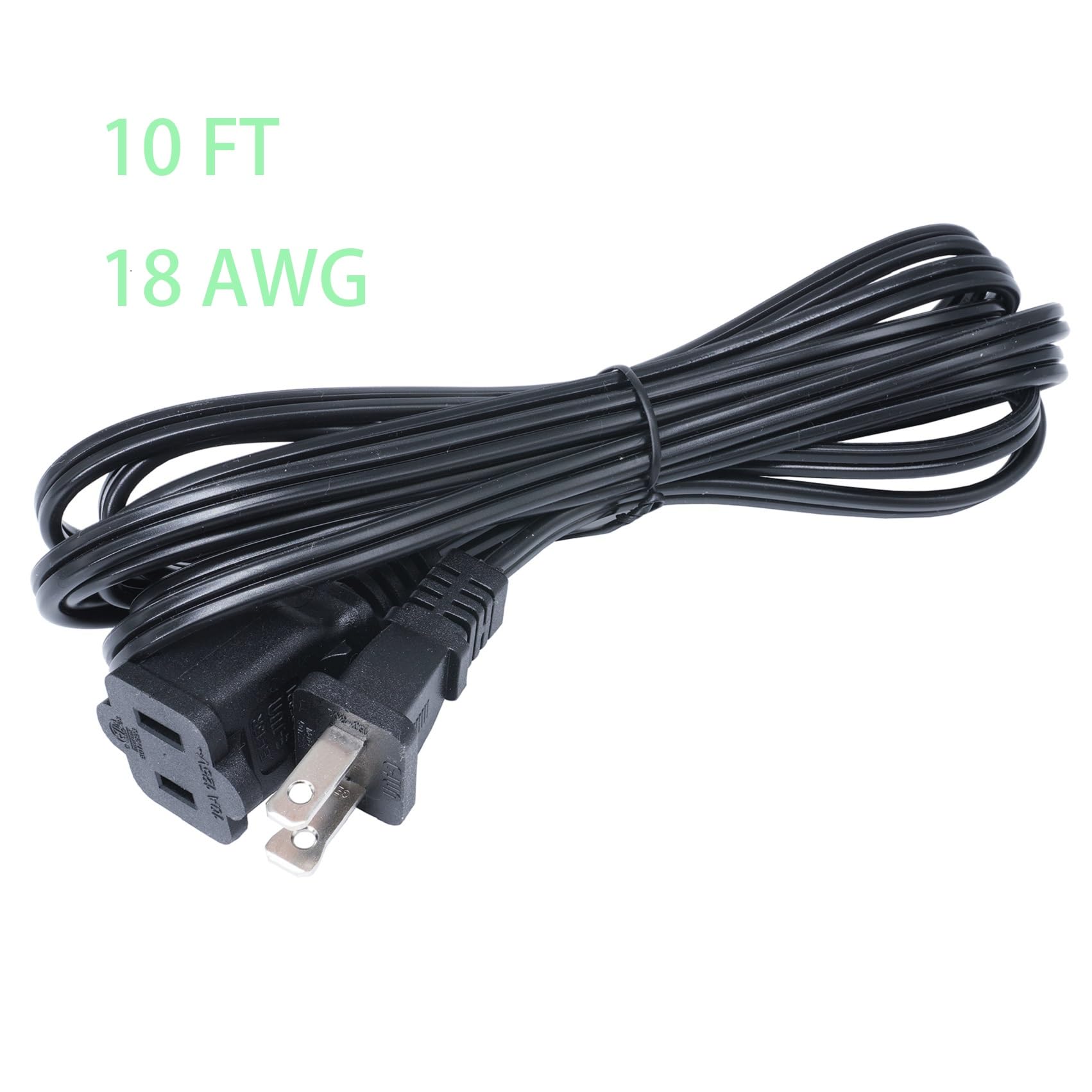 Extension Cord 10 Ft, 2 Prong Power Cord Cable, Small Short 18 Awg Power Cable, Us Male Female Black Extension Cords For Nema 1